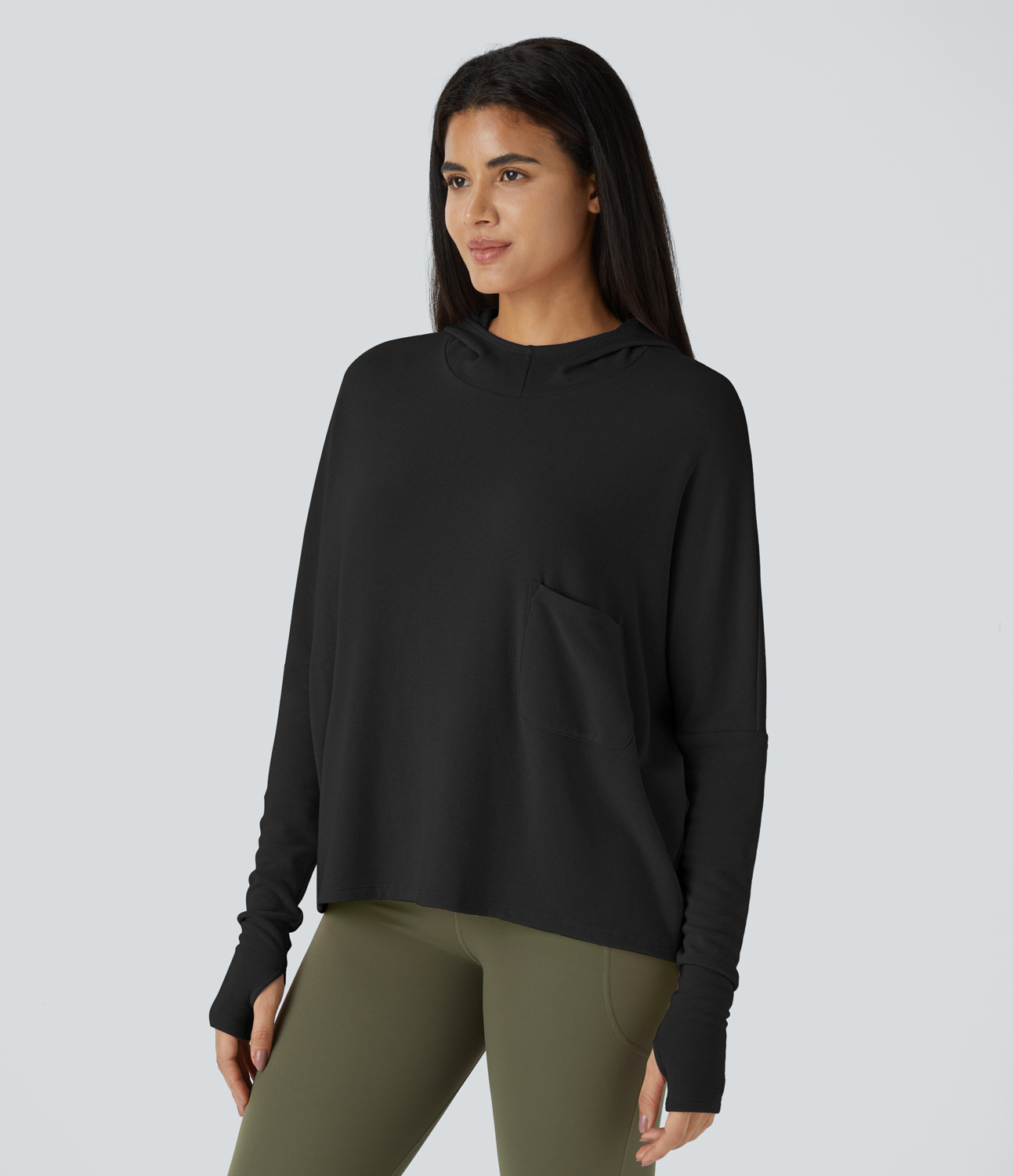 Halara Batwing Sleeve Thumb Hole Pocket Thermal Casual Hoodie  - Black - L 
