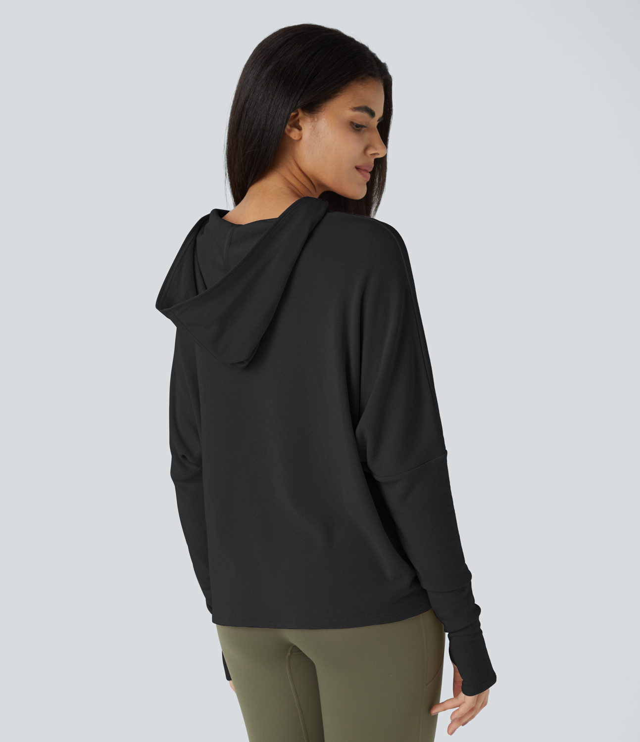 Halara Batwing Sleeve Thumb Hole Pocket Thermal Casual Hoodie  - Black - L 