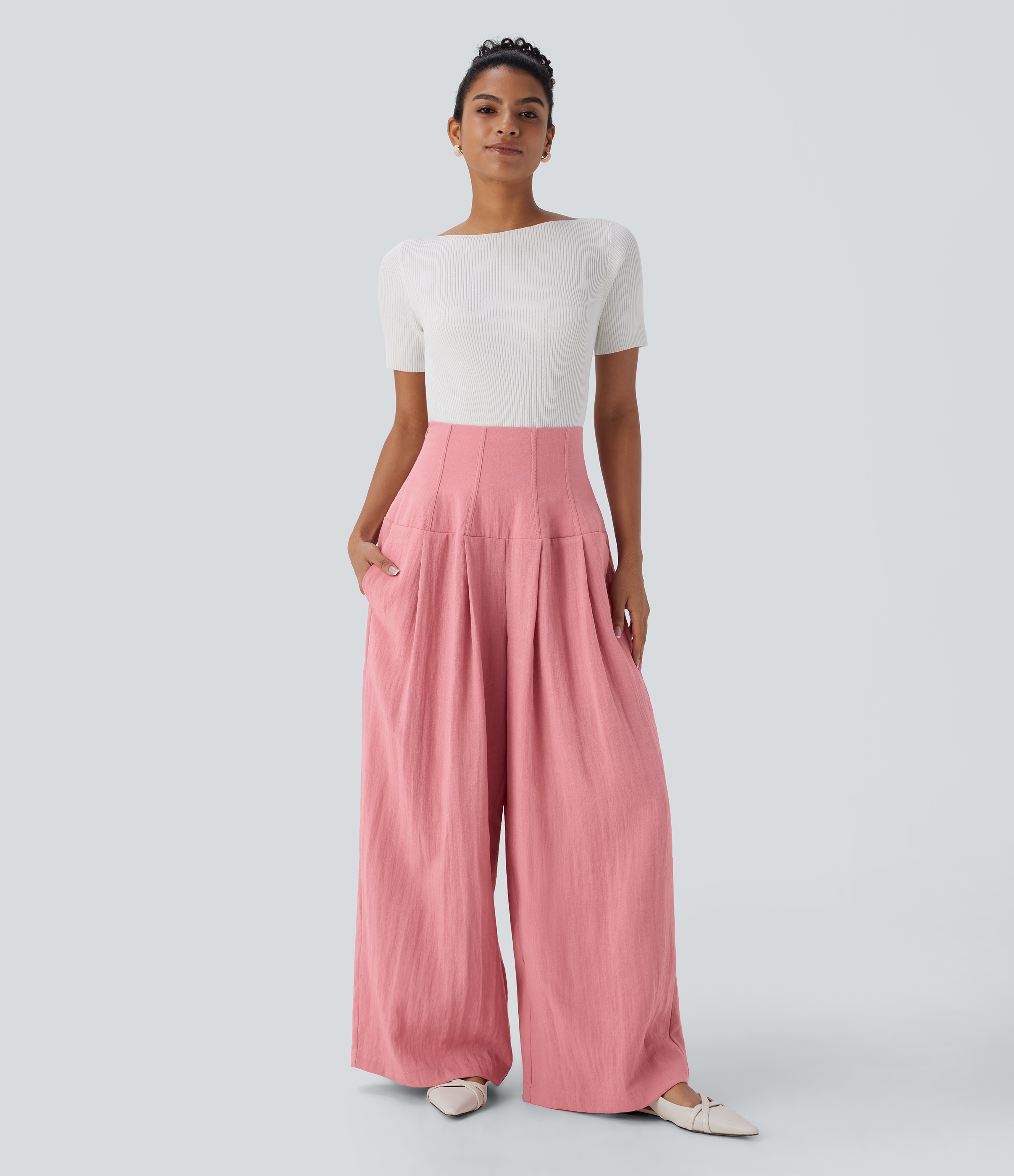 Halara Super High Waisted Invisible Zipper Shirred Pockets Wide Leg Work Linen-Feel Pants  - Rosette - XS(regular) sweatpants jogger pants 