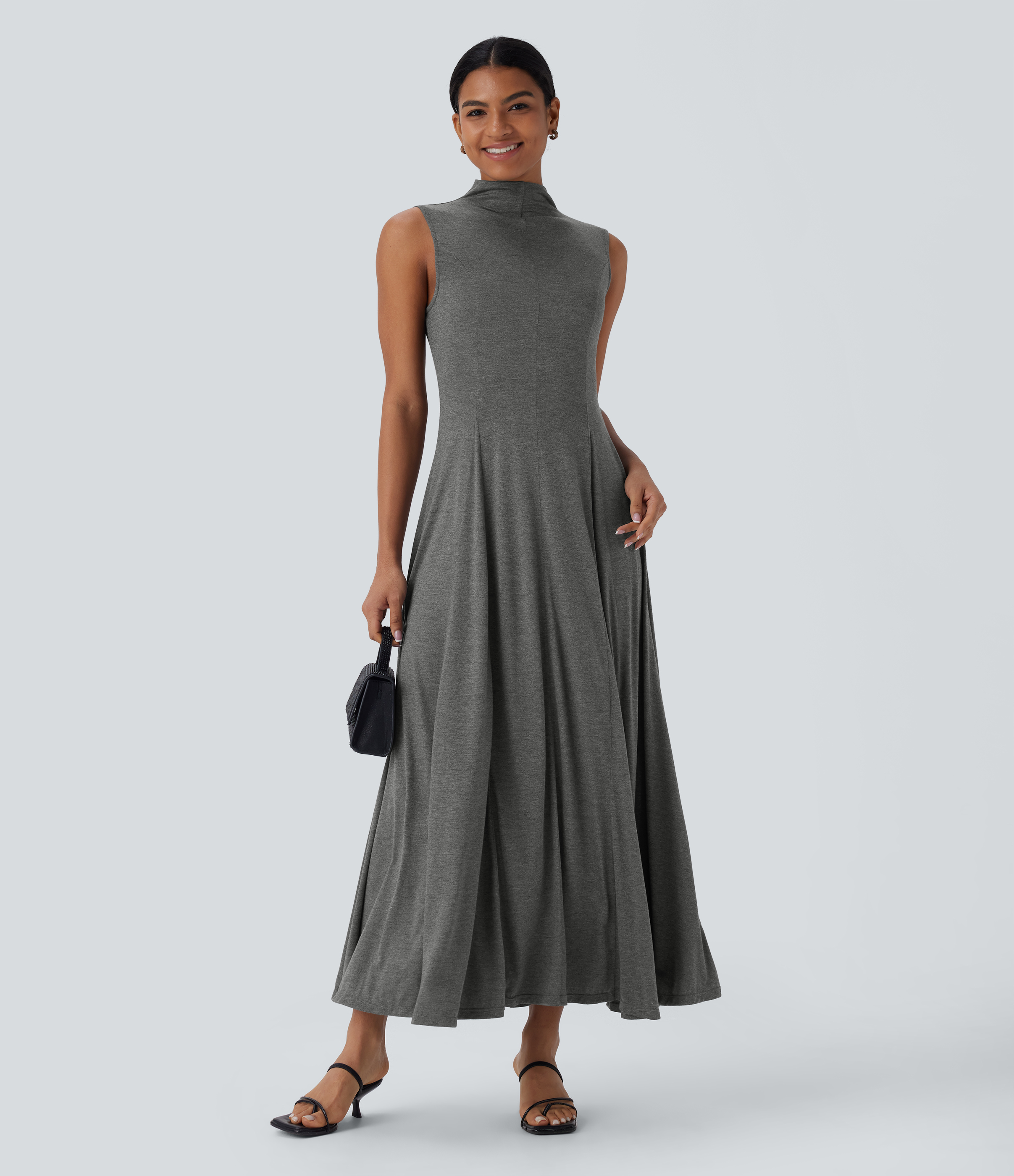 Halara Stand Collar Sleeveless Flowy Midi Resort Dress Casual Dress - Darl Gray Floral Yarn - XS slip dress beach dress ruched dress 