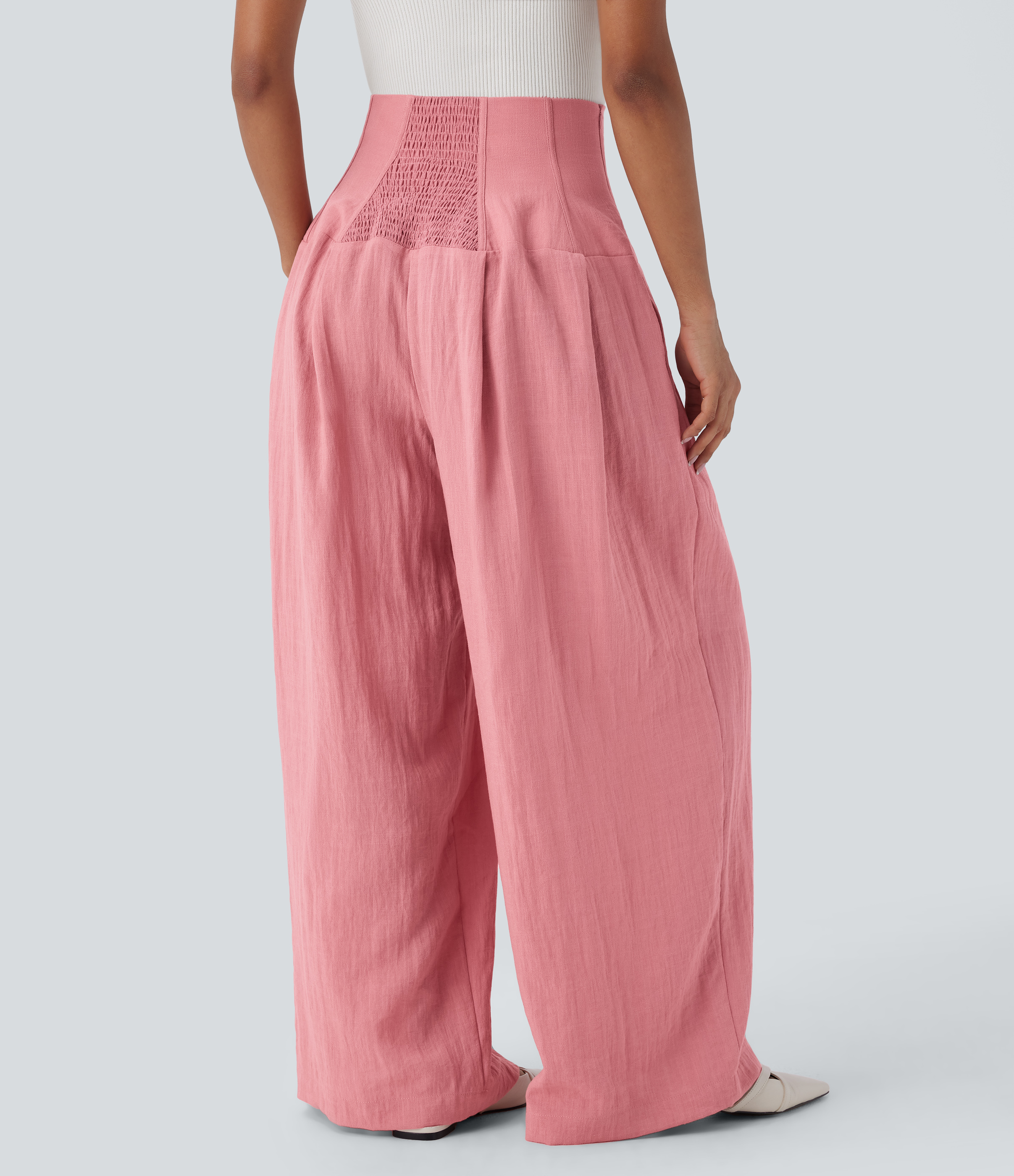 Halara Super High Waisted Invisible Zipper Shirred Pockets Wide Leg Work Linen-Feel Pants  - Rosette - XS(regular) sweatpants jogger pants 