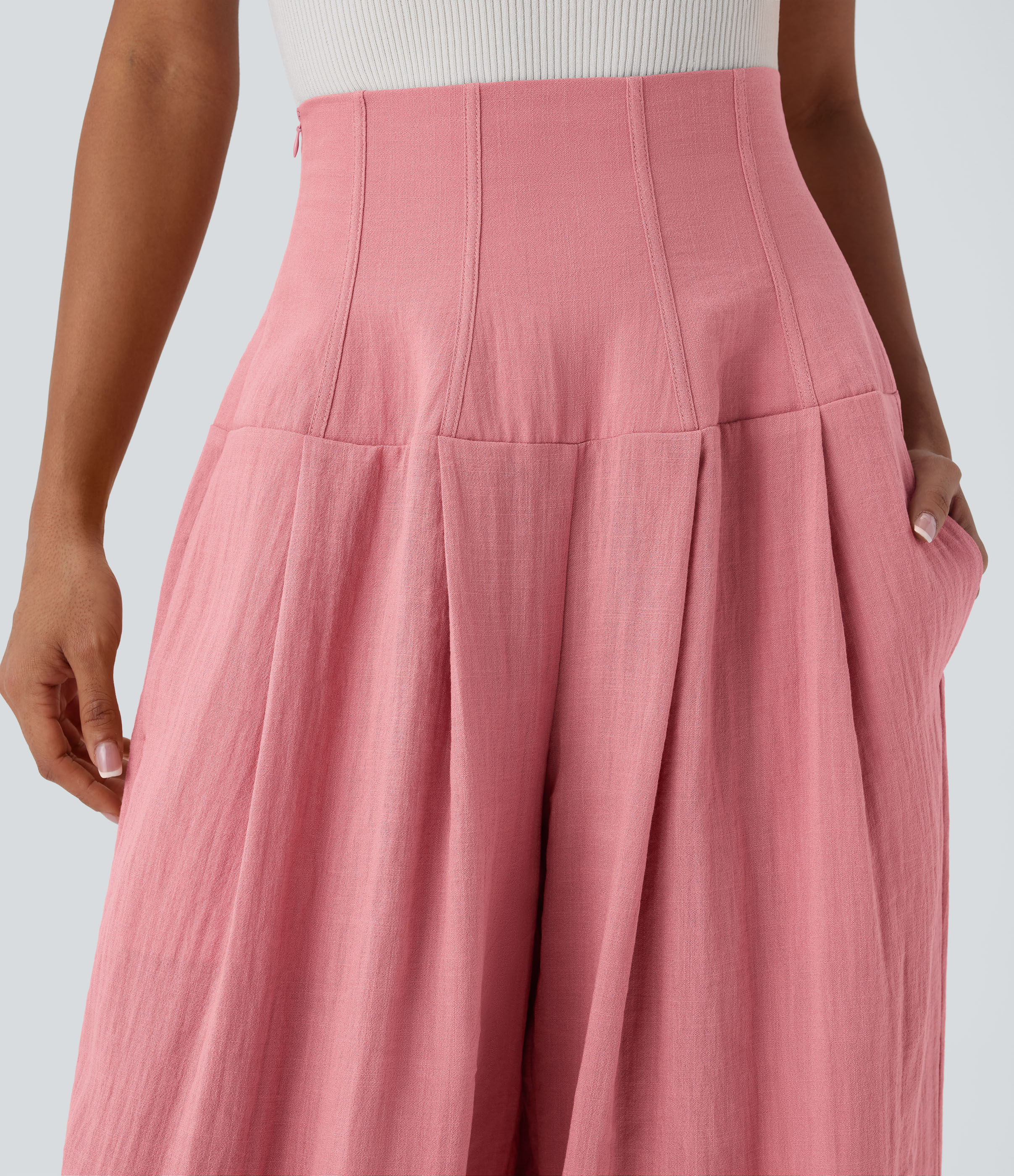Halara Super High Waisted Invisible Zipper Shirred Pockets Wide Leg Work Linen-Feel Pants  - Rosette - XS(regular) sweatpants jogger pants 