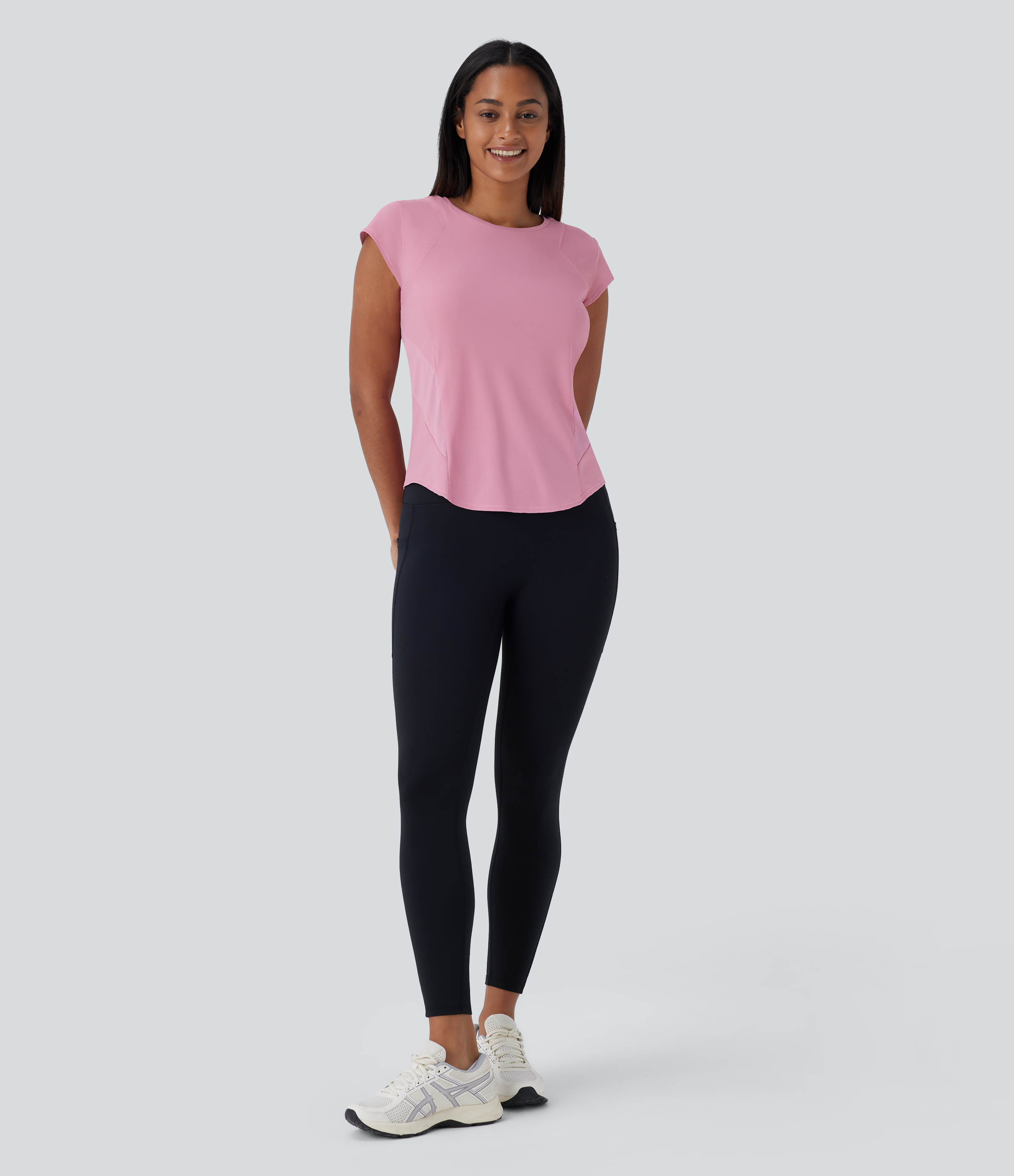 Halara Round Neck Short Sleeve Curved Hem Contrast Mesh Quick Dry Running Sports Top  - Soft Berry - XS 