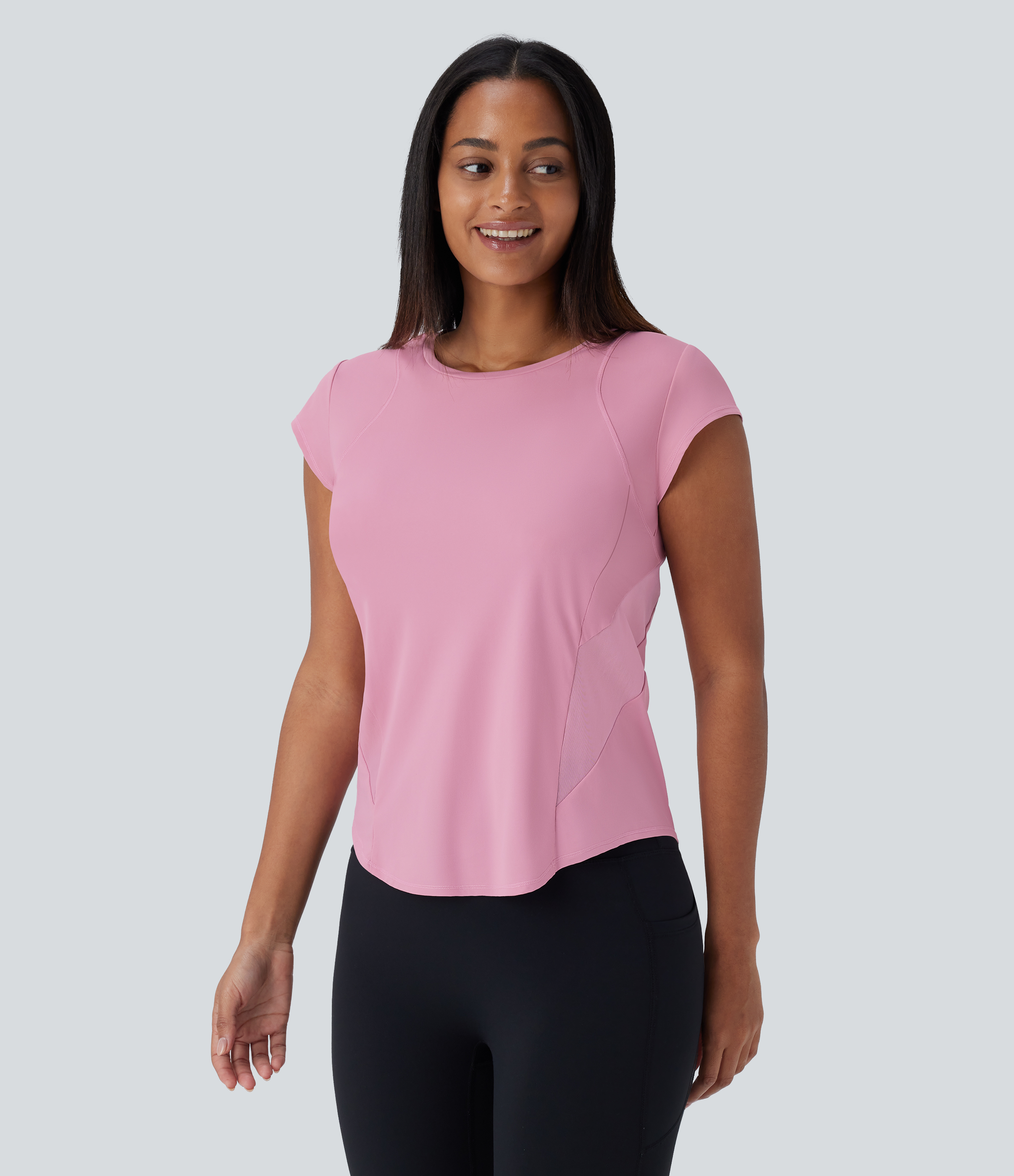 Halara Round Neck Short Sleeve Curved Hem Contrast Mesh Quick Dry Running Sports Top  - Soft Berry - XS 