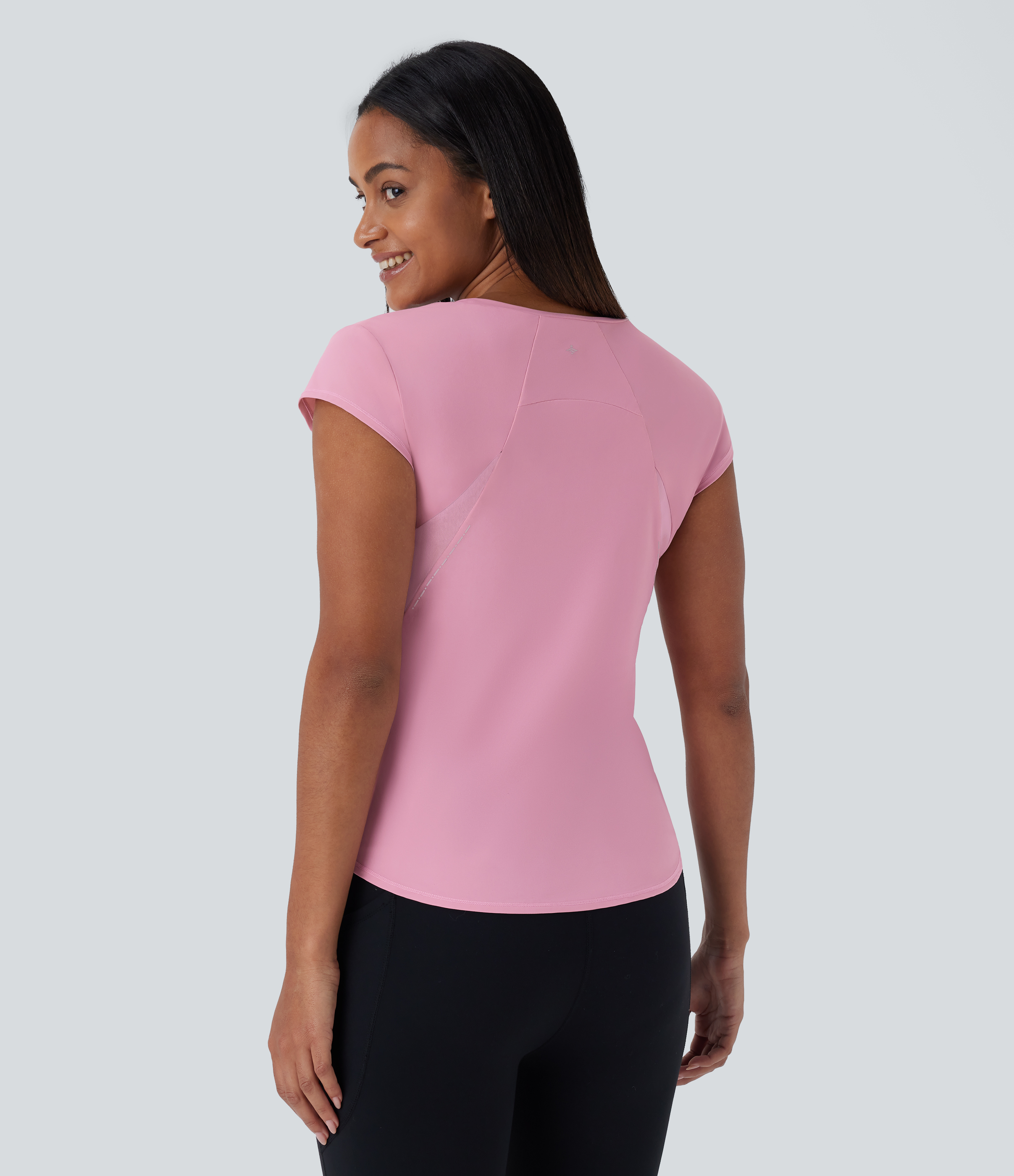 Halara Round Neck Short Sleeve Curved Hem Contrast Mesh Quick Dry Running Sports Top  - Soft Berry - XS 