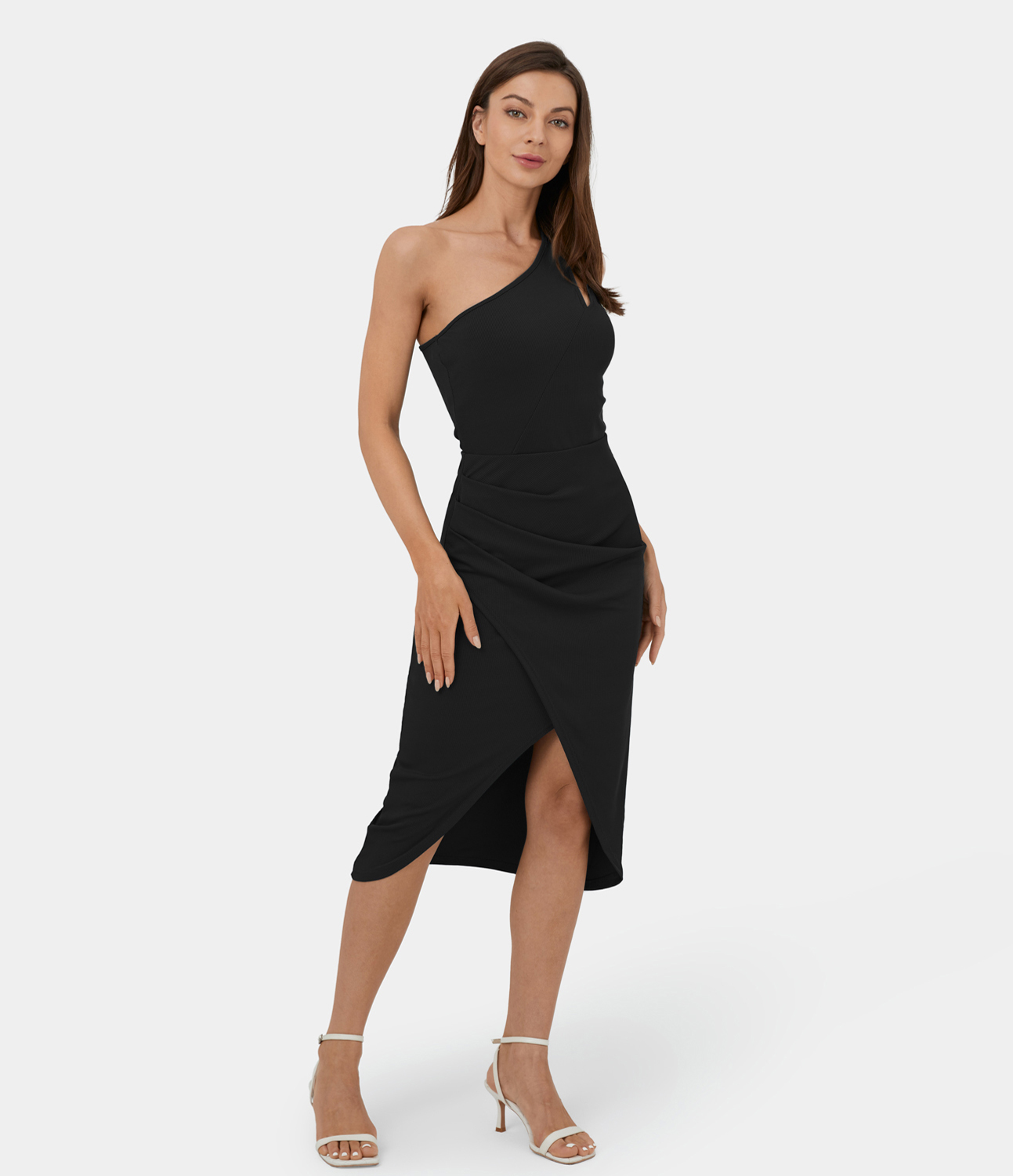 Halara One Shoulder Cut Out Backless Ruched Crossover Hem Bodycon Midi Casual Dress Casual Dress - Black - XS slip dress beach dress 