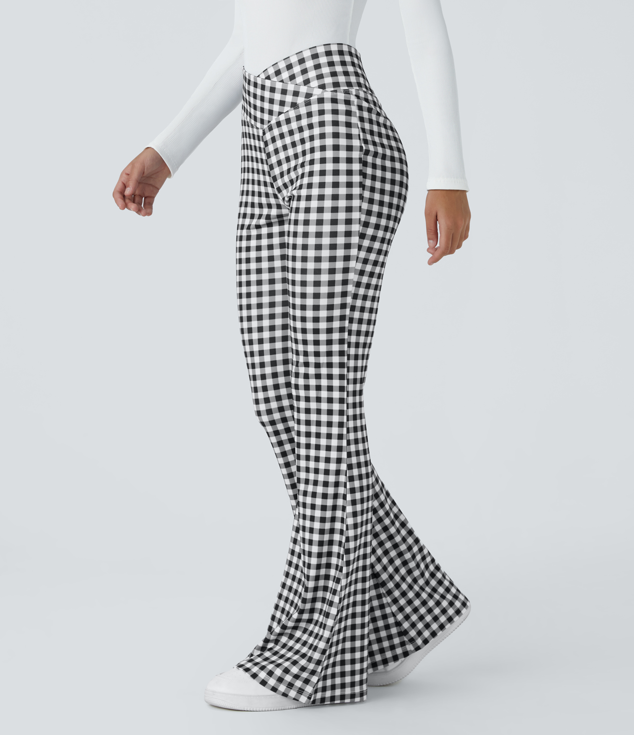 Halara High Waisted Crossover Vintage Plaid Casual Super Flare Pants  - White Black Plaid - XL 