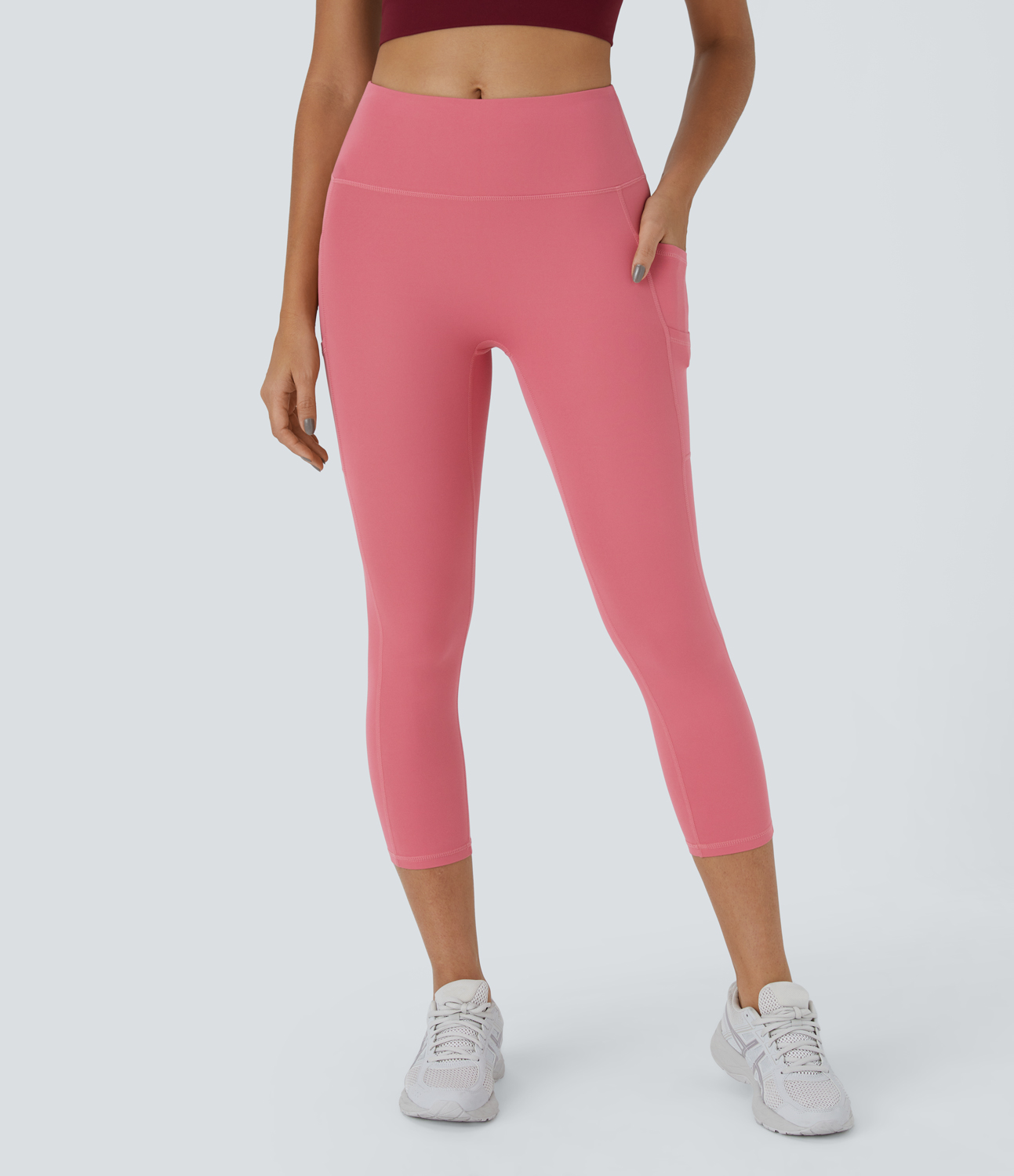 Halara Softlyzeroв„ў High Waisted Double Pockets Plain Capri Leggings  - Begonia Rouge - S gym leggings leggings with pockets 