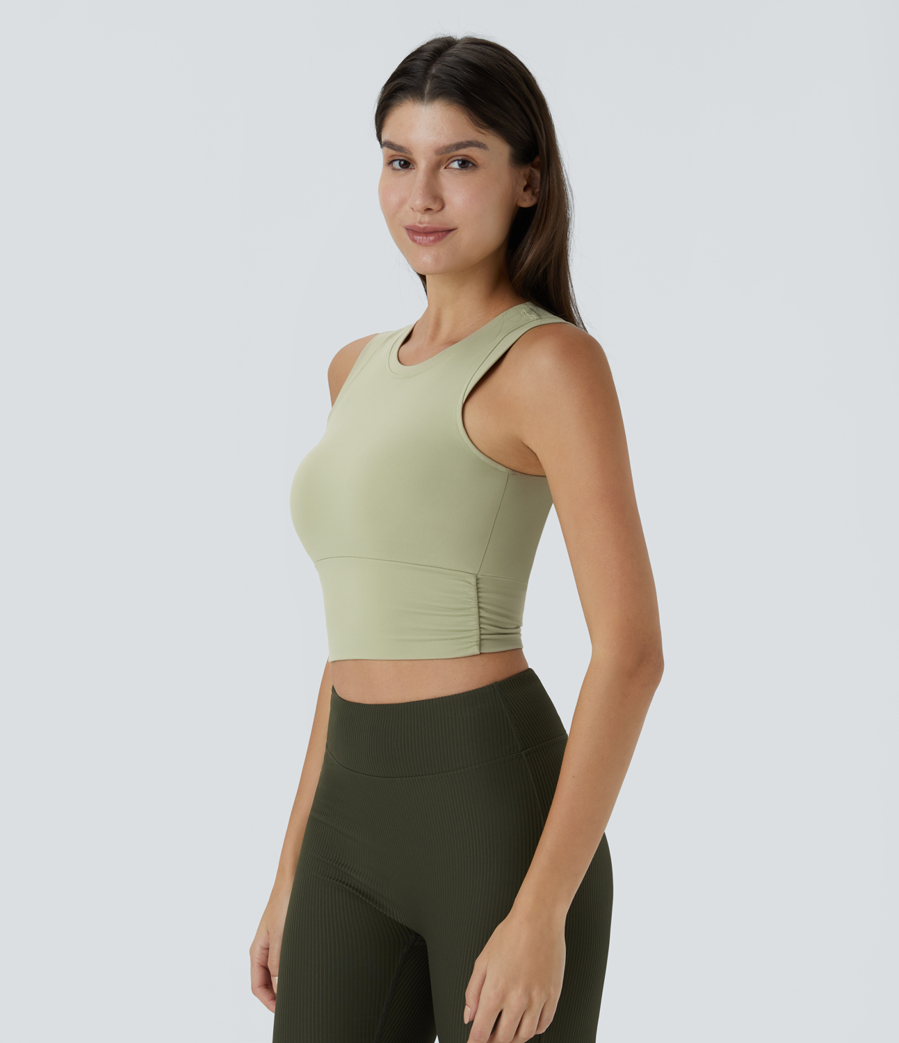 Halara Padded Ruched Workout Cropped Tank Top Tank Top - Spring Green - M golf tops halter top tunic tops sleeveless tops backless top 