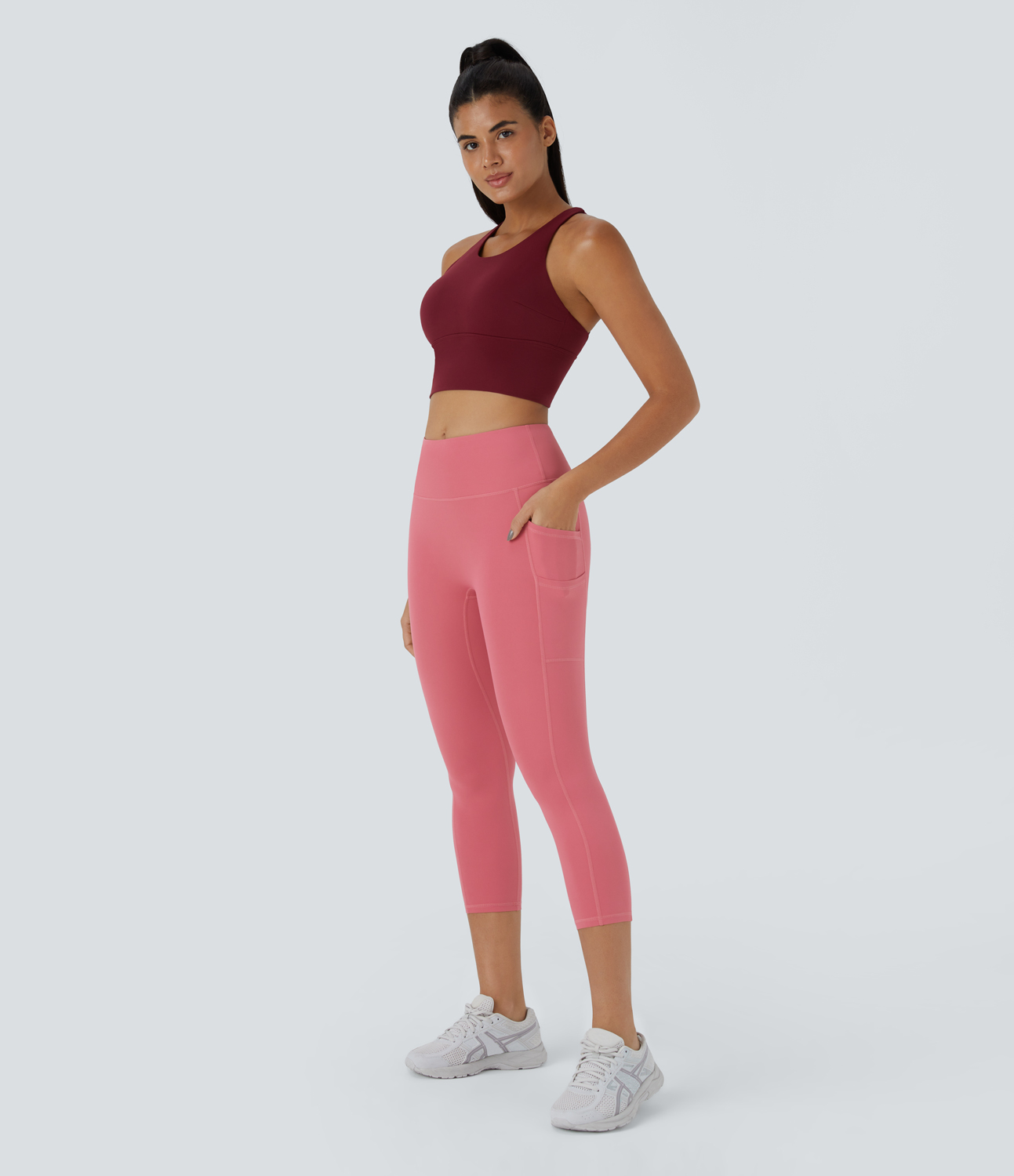 Halara Softlyzeroв„ў High Waisted Double Pockets Plain Capri Leggings  - Begonia Rouge - S gym leggings leggings with pockets 