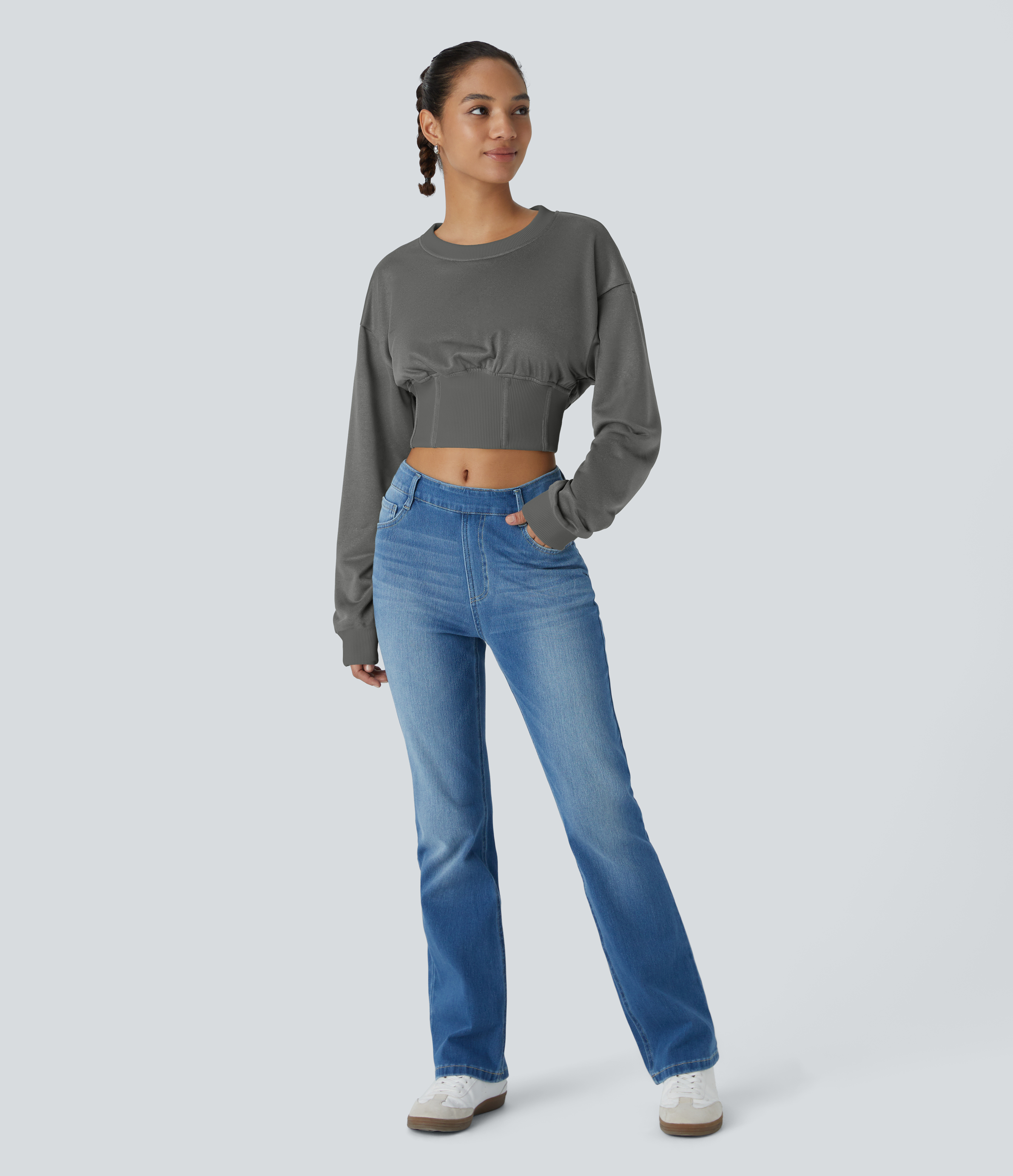 Halara Round Neck Dropped Shoulder Contrast Ribbed Decorative Fishbone Cropped Relaxed Casual Sweatshirt  - Gunmetal - L 
