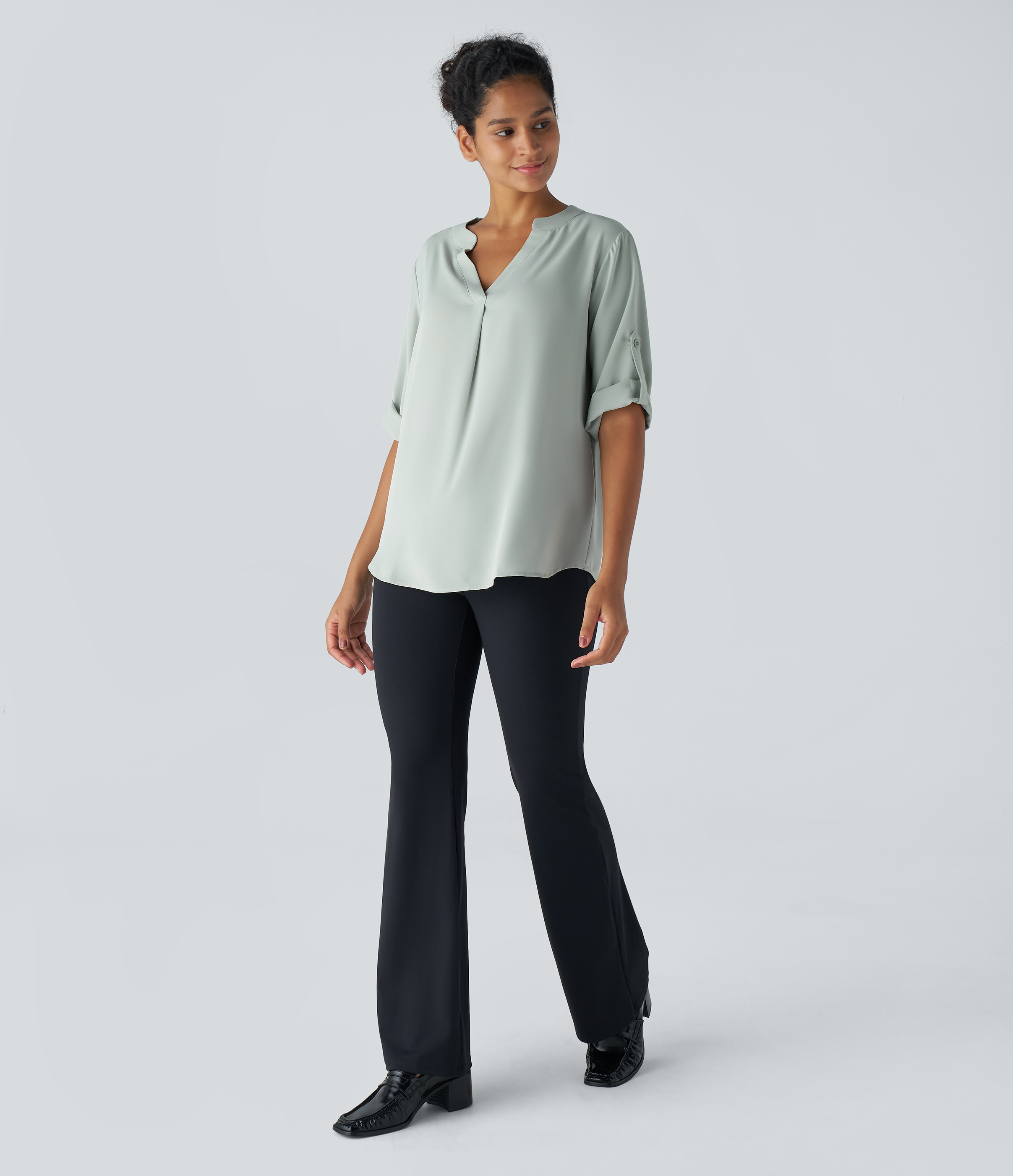 Halara V Neck Button Three Quarter Sleeve Curved Hem Work Shirt  - Silt Green - XS 