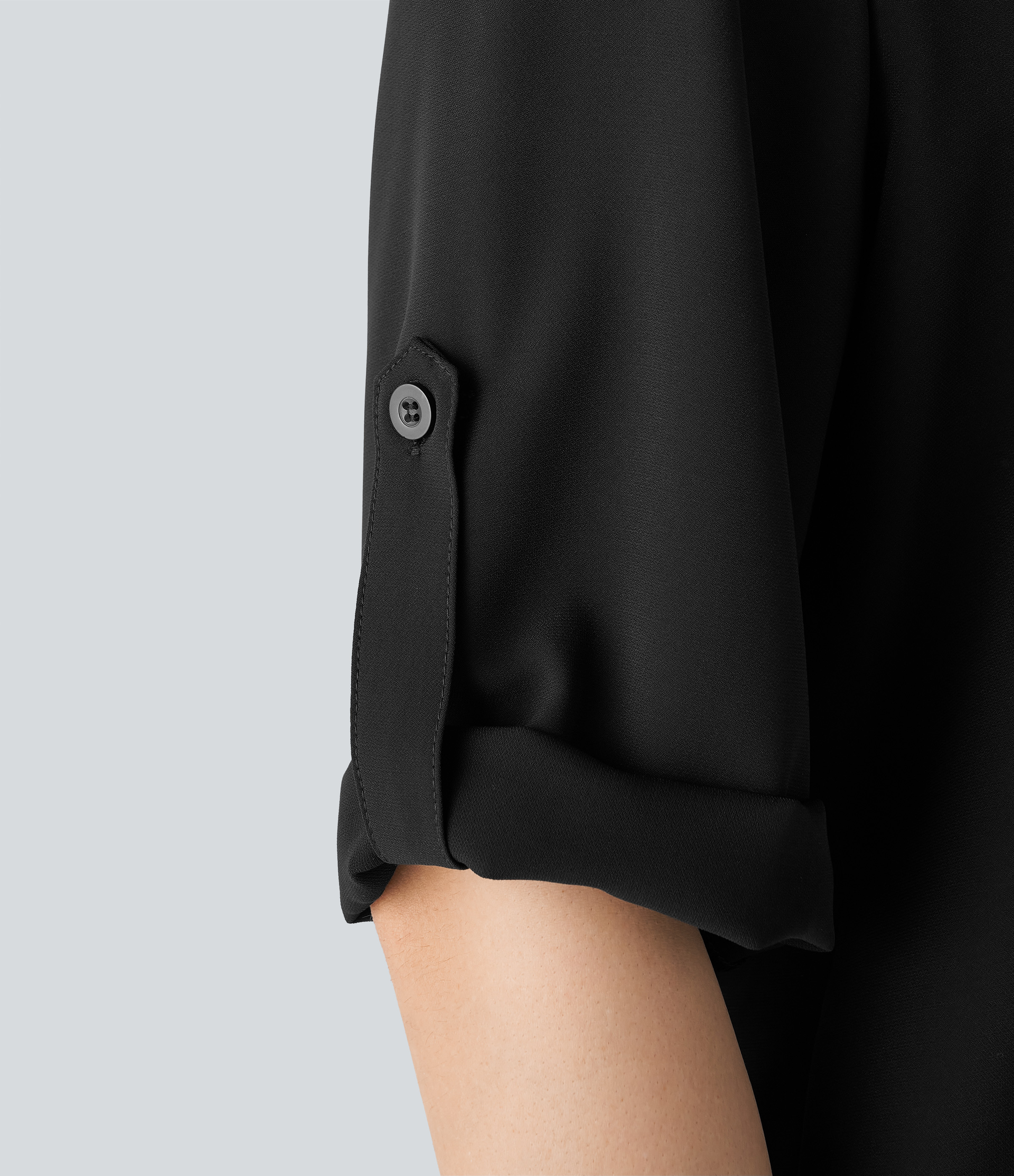 Halara V Neck Button Three Quarter Sleeve Curved Hem Work Shirt  - Black - XL 
