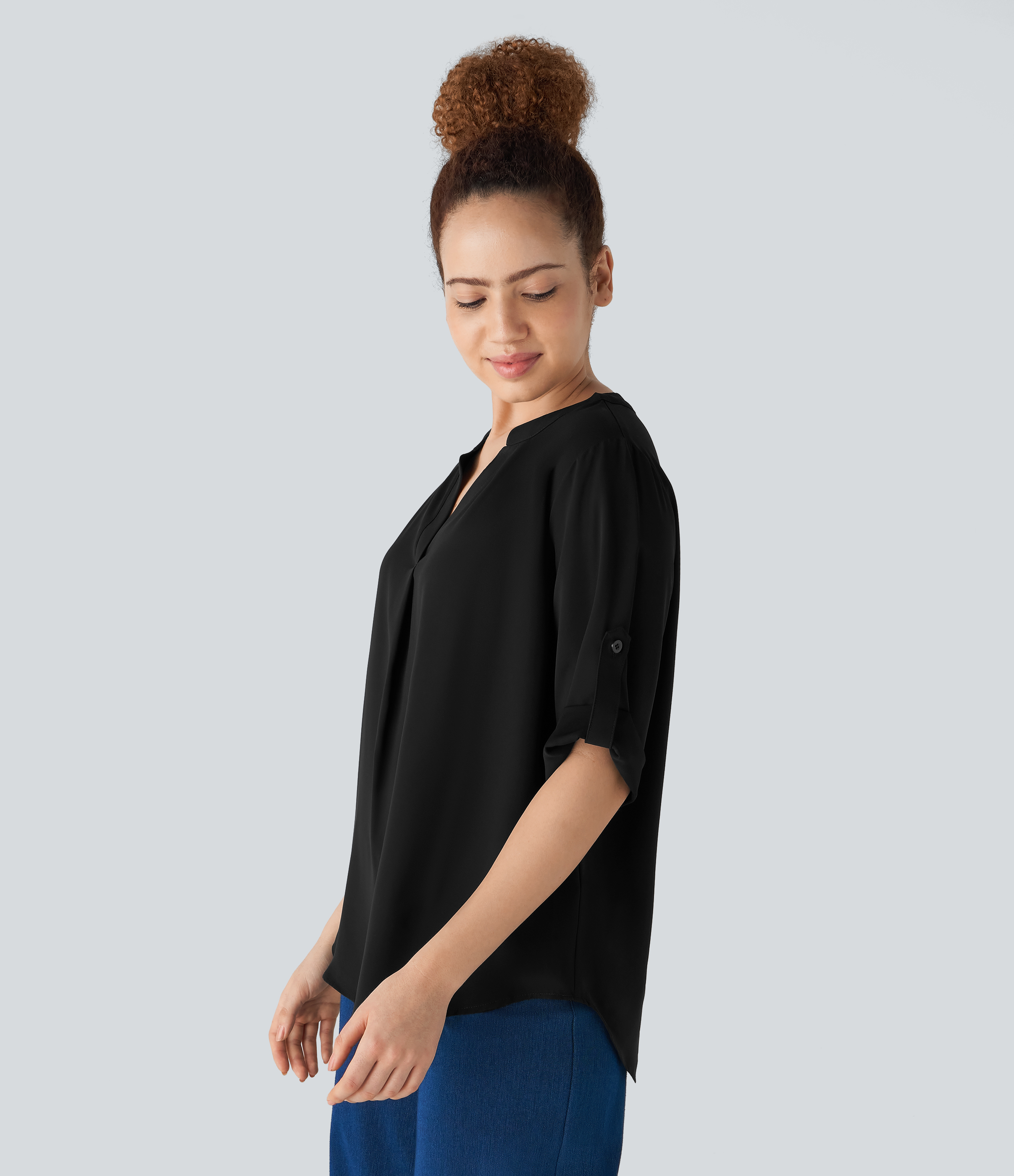 Halara V Neck Button Three Quarter Sleeve Curved Hem Work Shirt  - Black - XL 