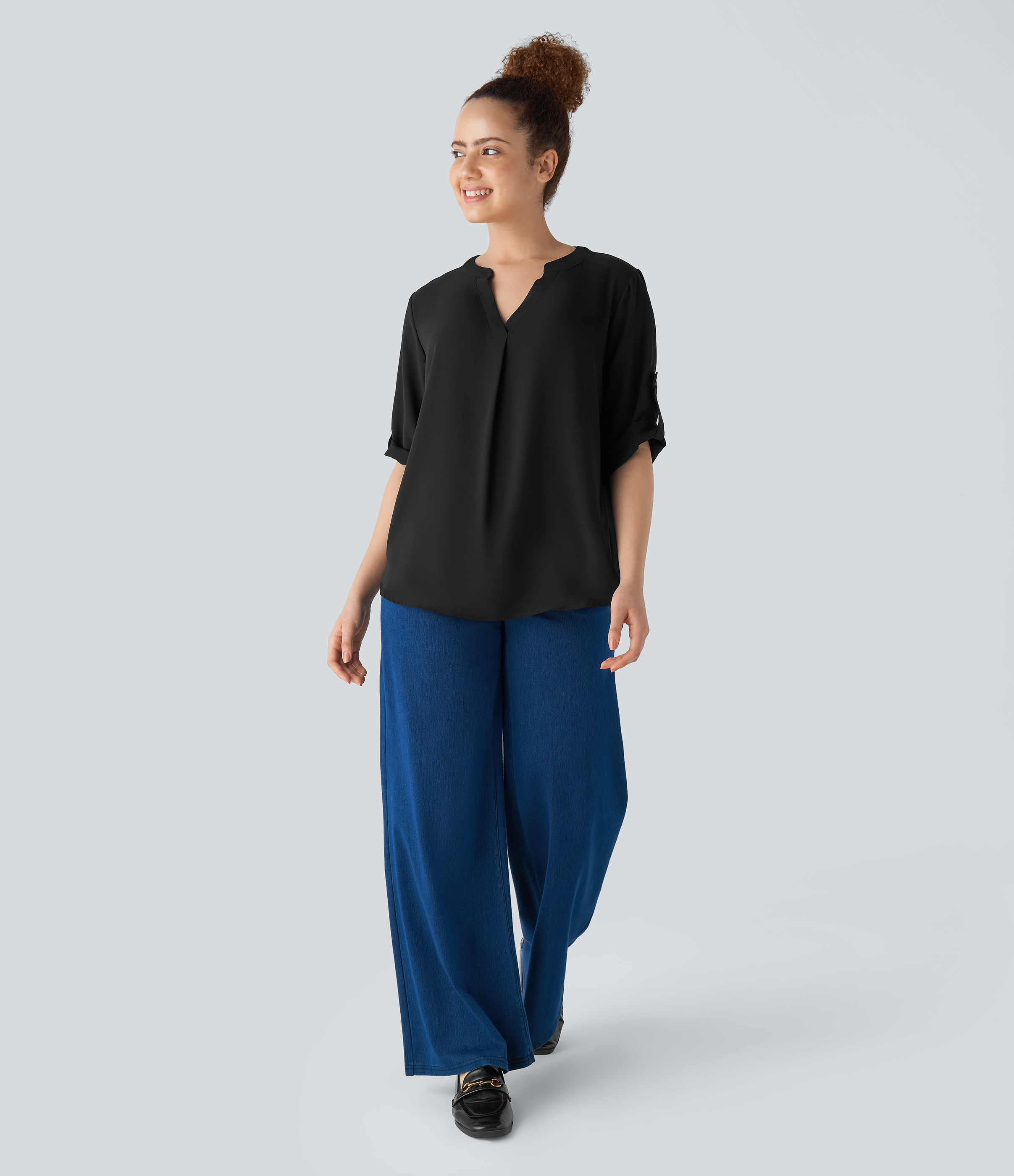 Halara V Neck Button Three Quarter Sleeve Curved Hem Work Shirt  - Black - XL 