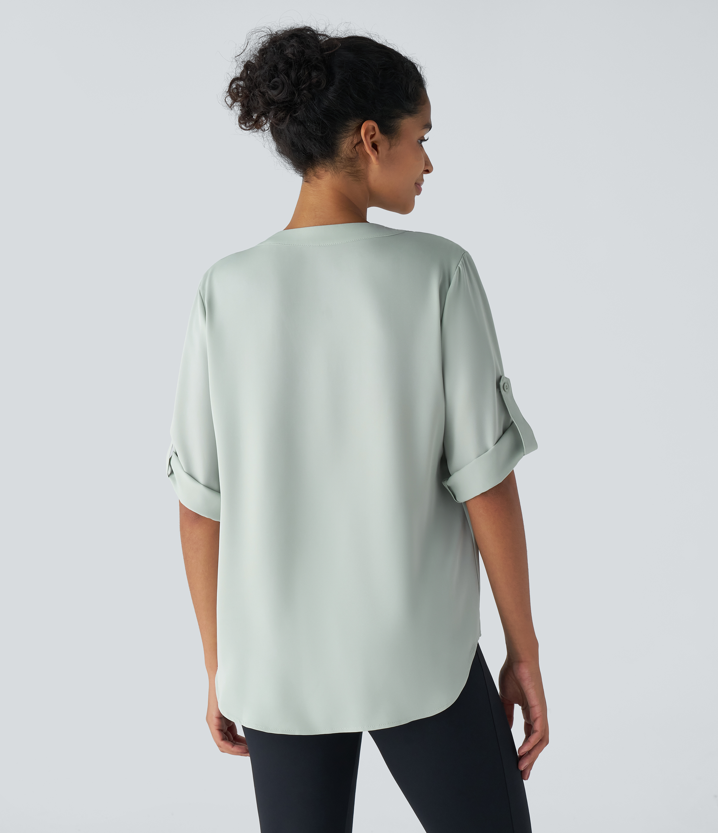 Halara V Neck Button Three Quarter Sleeve Curved Hem Work Shirt  - Silt Green - XS 