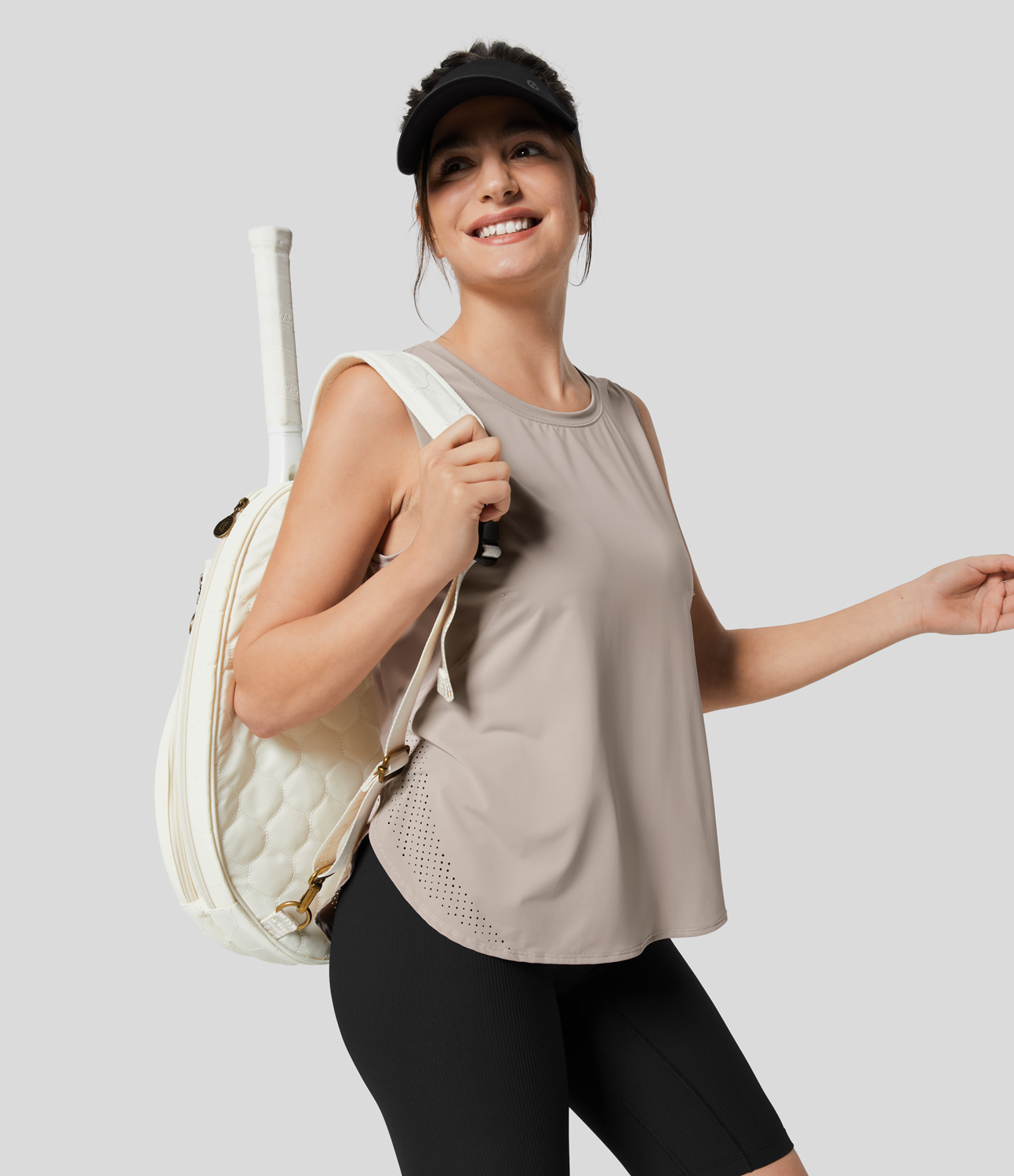 Halara Round Neck Mesh Curved Hem Tennis Tank Top Tank Top - Gray Morn - XS golf tops halter top tunic tops sleeveless tops backless top 