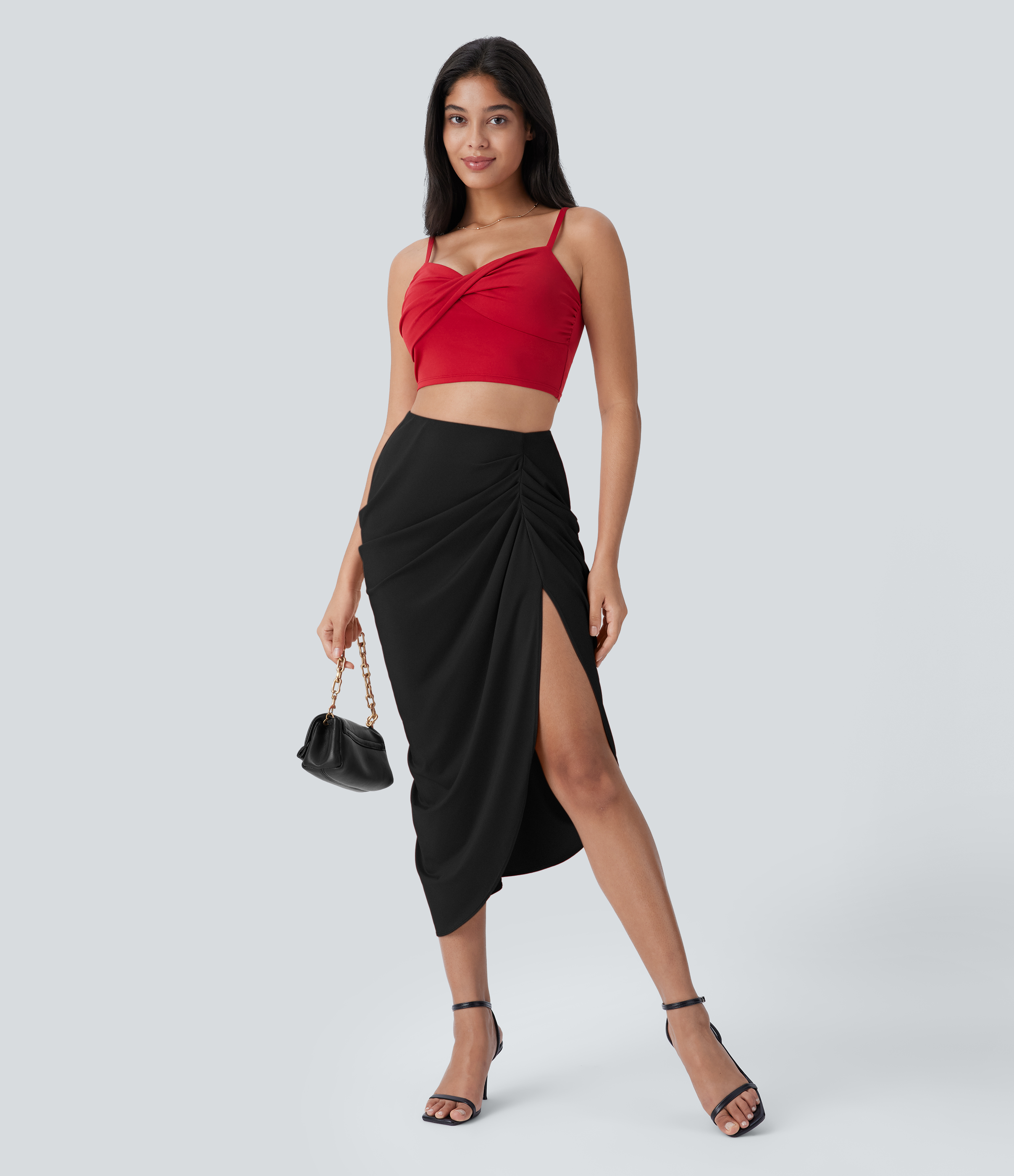 Halara High Waisted Ruched Split 2-in-1 Midi Party Skirt  - Black - L(regular) 