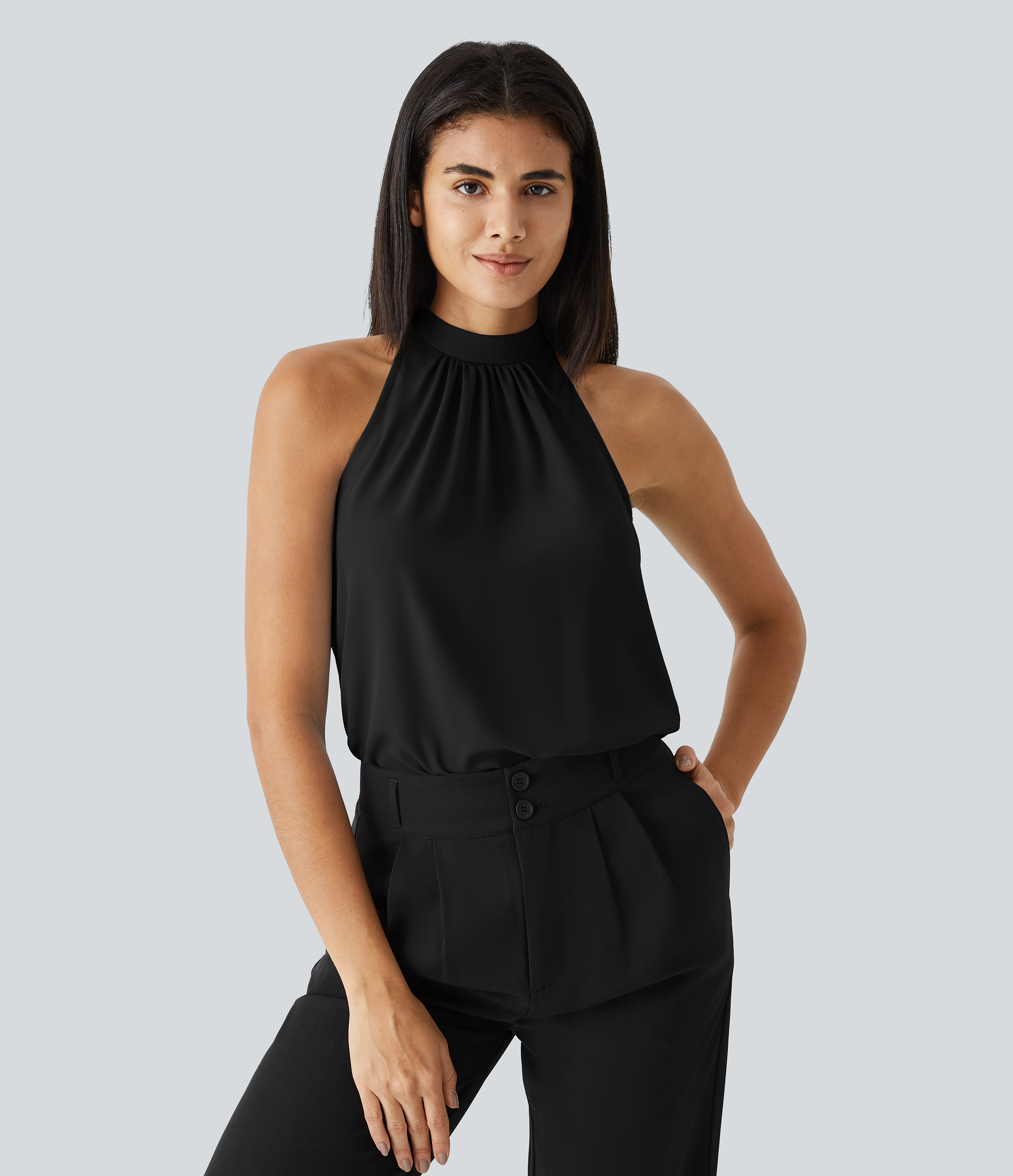 Halara Keyhole Back Halter Plicated Sleeveless Curved Hem Work Blouse  - Black - S 