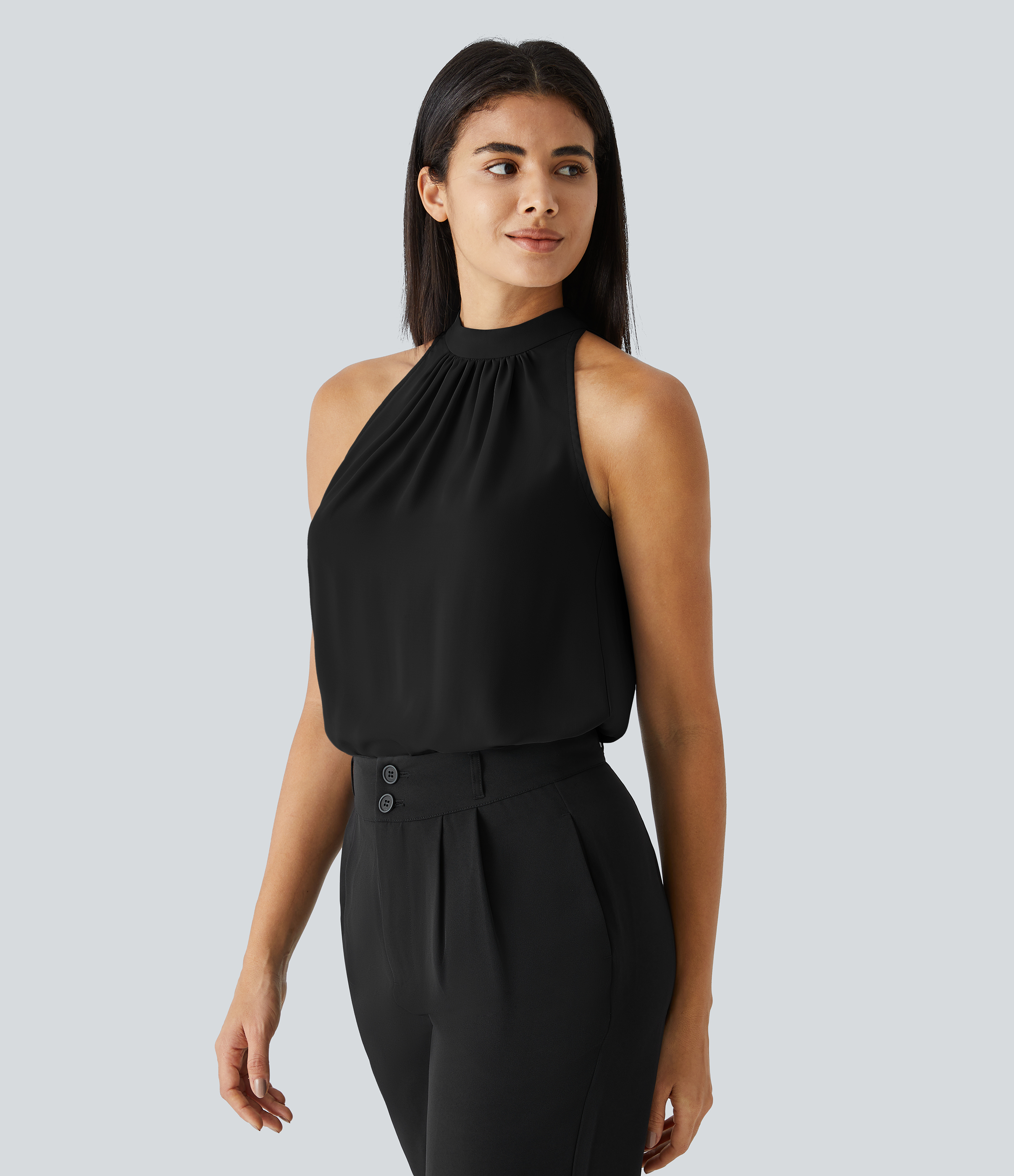 Halara Keyhole Back Halter Plicated Sleeveless Curved Hem Work Blouse  - Black - S 