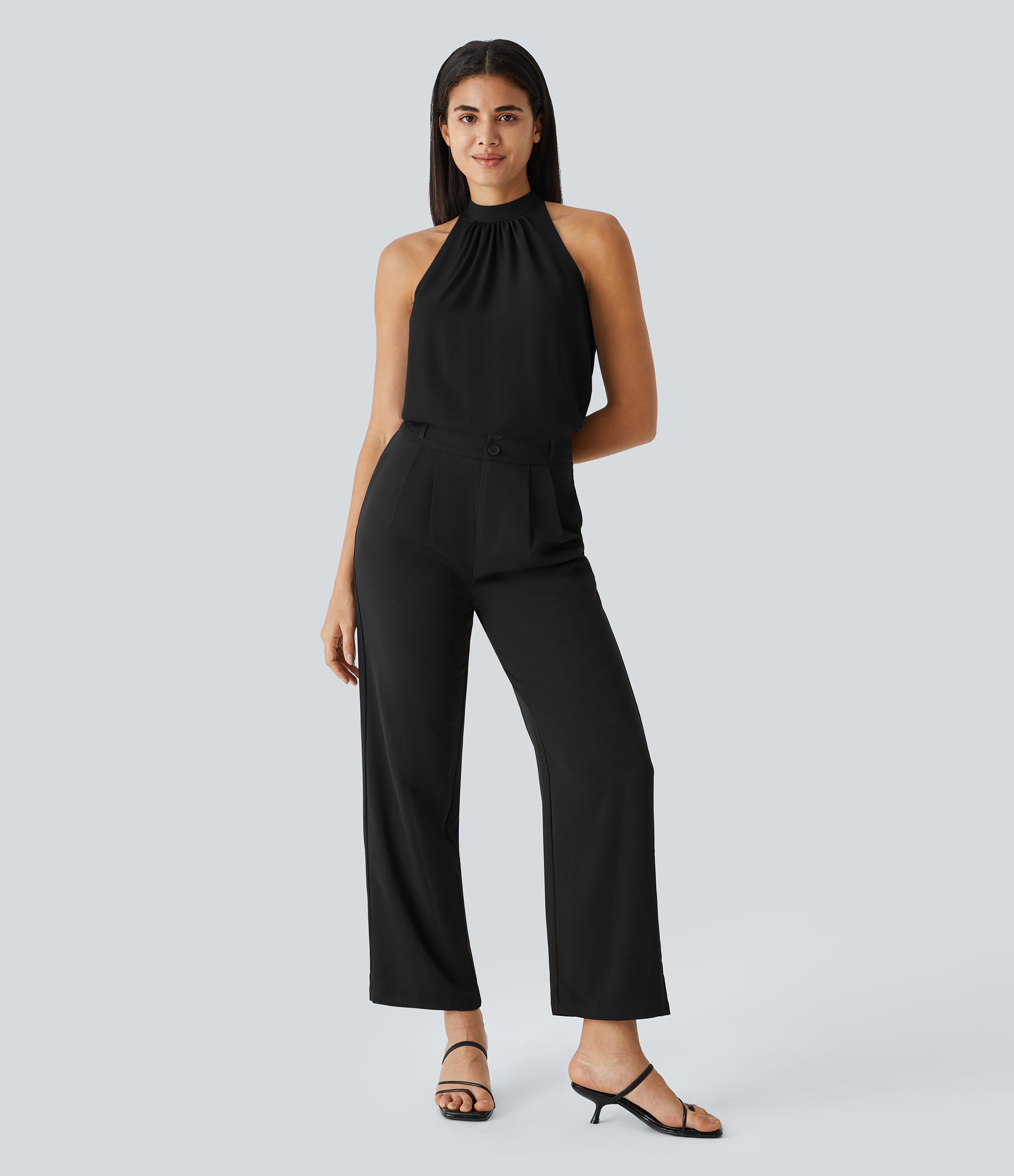 Halara Keyhole Back Halter Plicated Sleeveless Curved Hem Work Blouse  - Black - S 