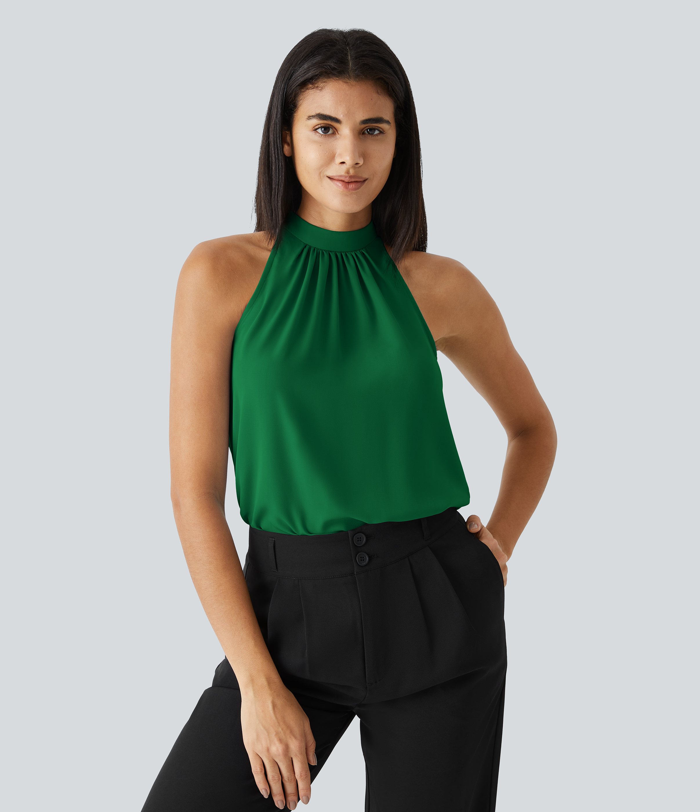 Halara Keyhole Back Halter Plicated Sleeveless Curved Hem Work Blouse  - Abundant Green - XS 