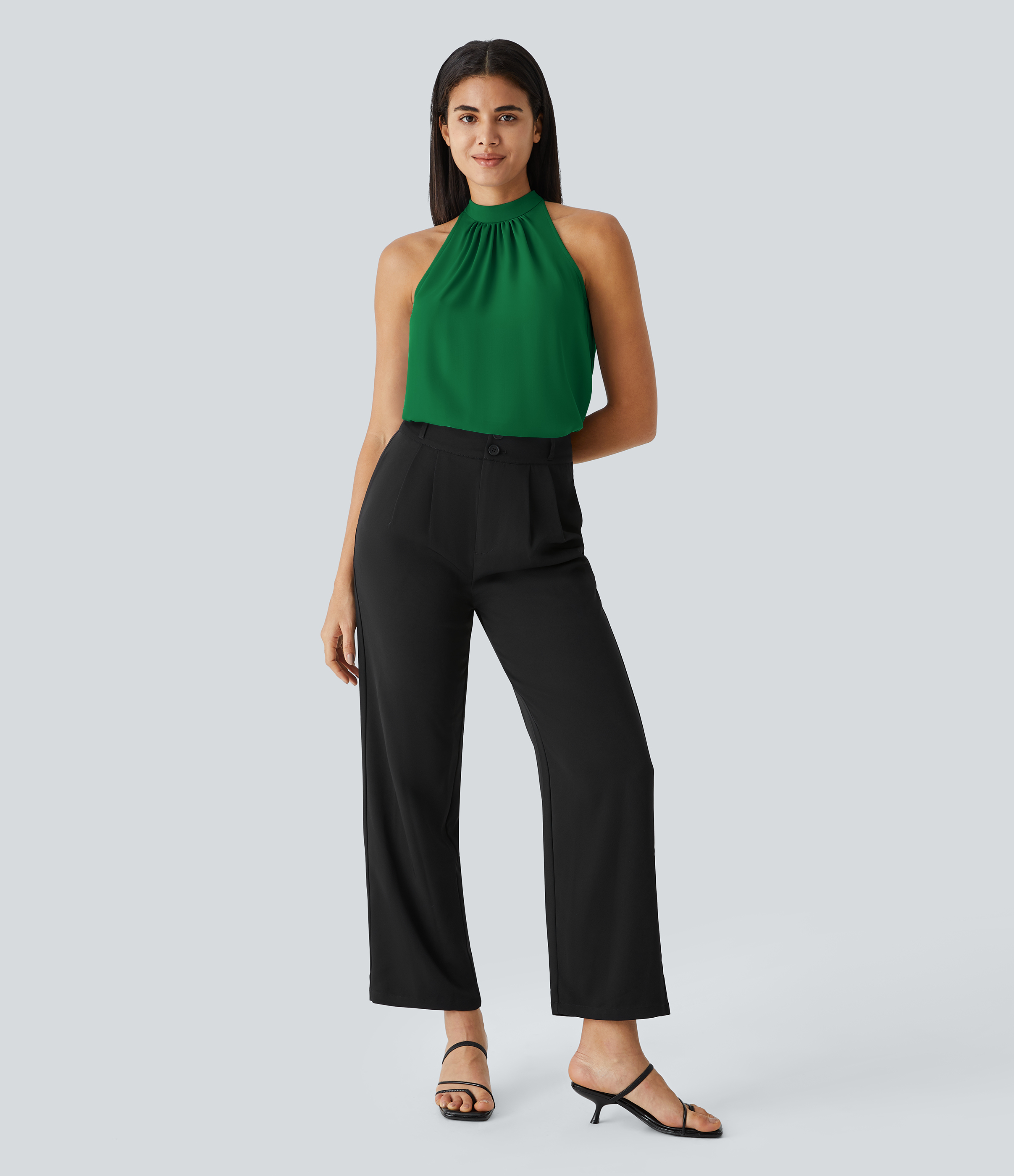 Halara Keyhole Back Halter Plicated Sleeveless Curved Hem Work Blouse  - Abundant Green - XS 