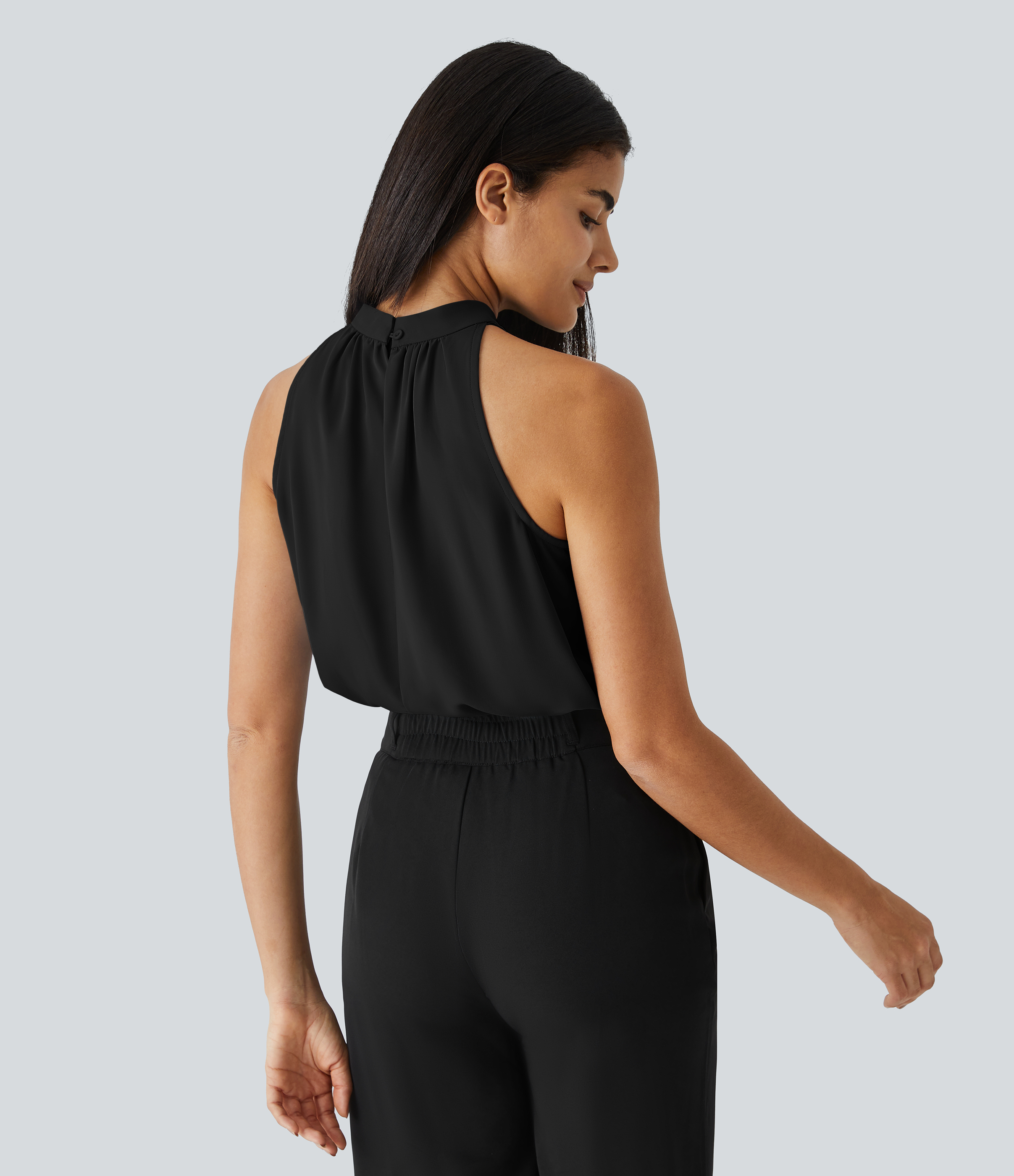 Halara Keyhole Back Halter Plicated Sleeveless Curved Hem Work Blouse  - Black - S 