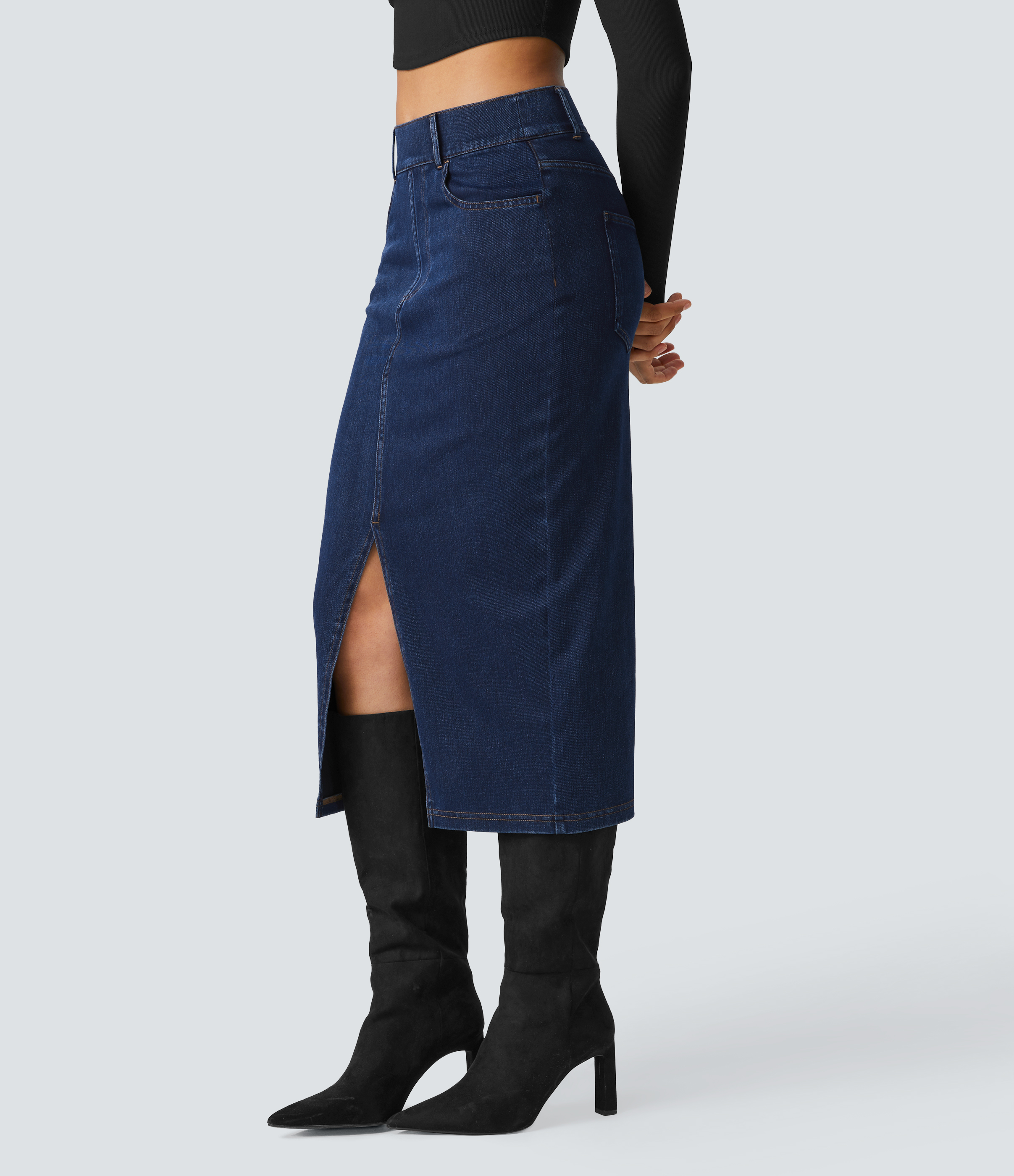 Halara Flex™ High Waisted Pockets Bodycon Denim Casual Midi Skirt