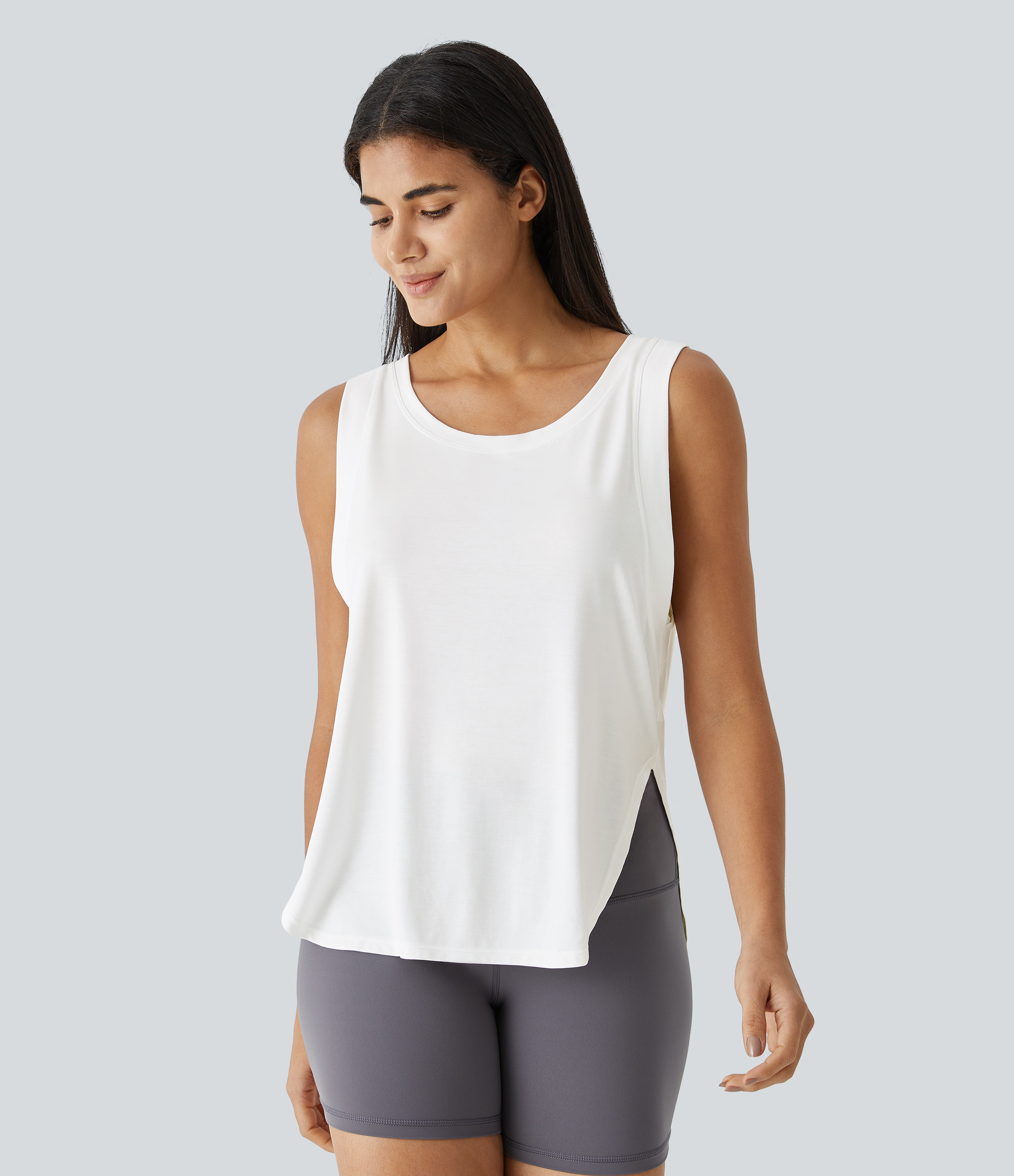 Halara Round Neck Split Hem Casual Tank Top Tank Top - White - XS golf tops halter top tunic tops sleeveless tops backless top 