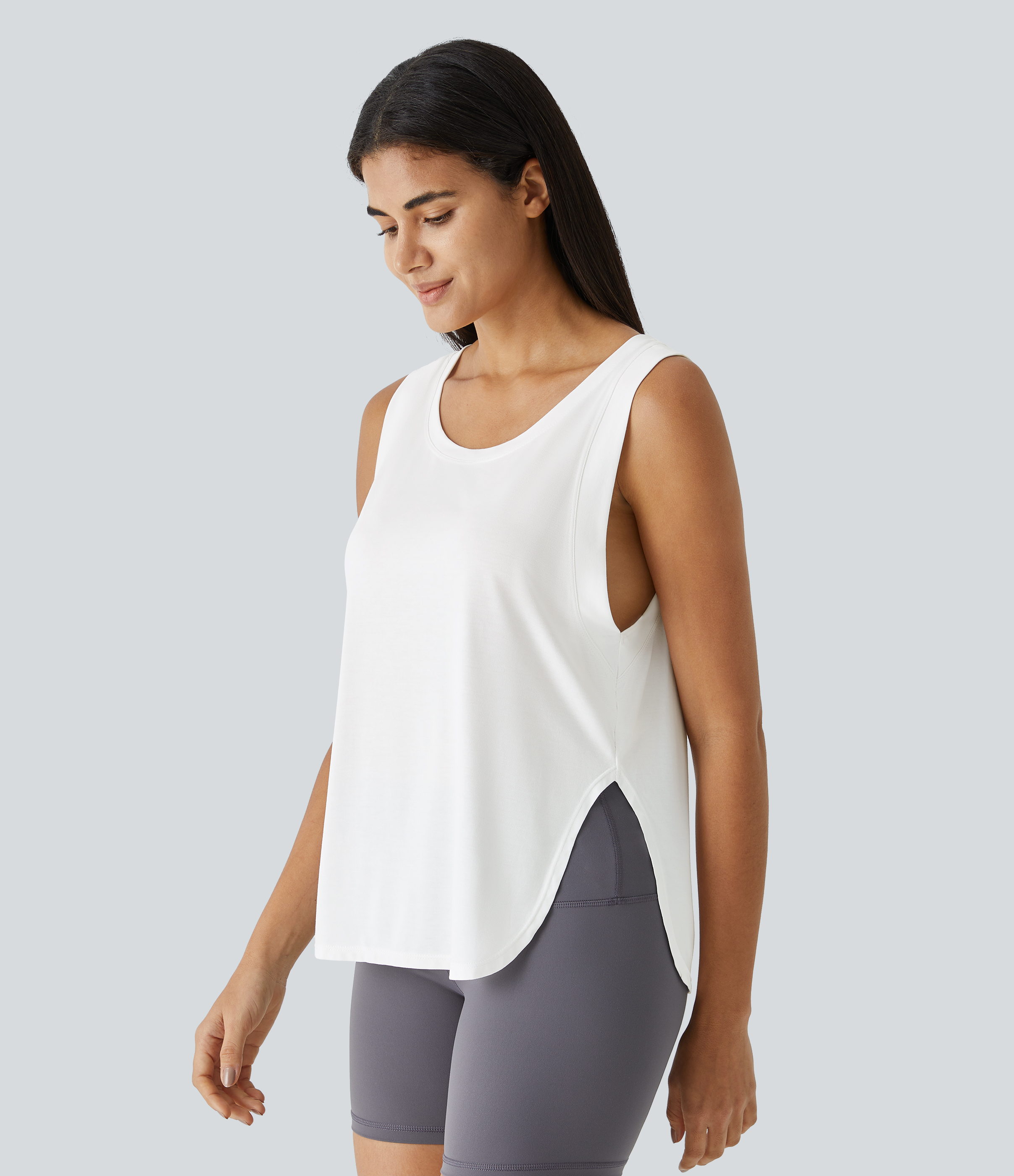 Halara Round Neck Split Hem Casual Tank Top Tank Top - White - XS golf tops halter top tunic tops sleeveless tops backless top 