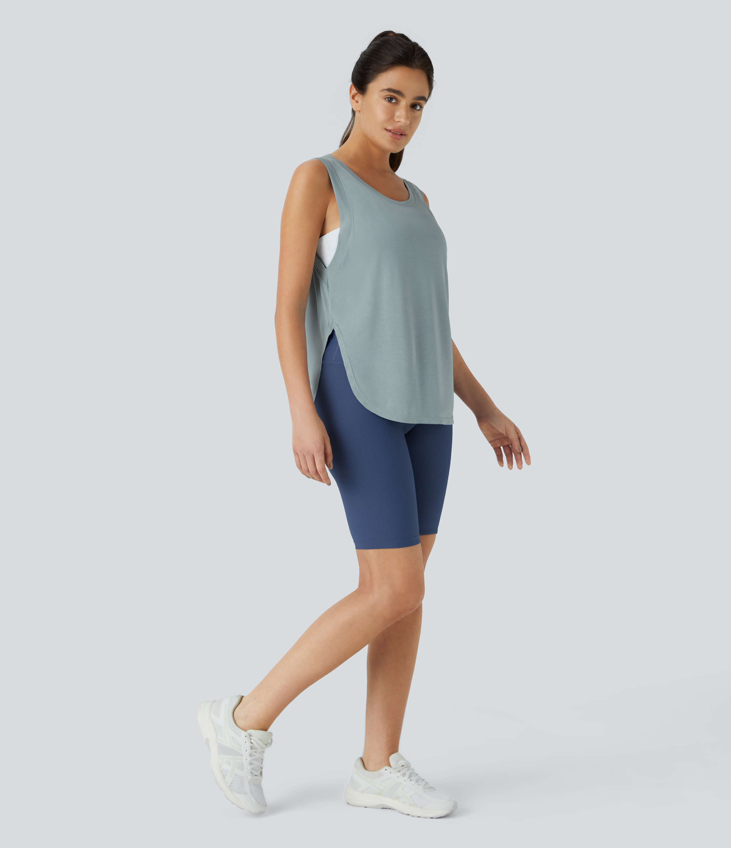 Halara Round Neck Split Hem Casual Tank Top Tank Top - Cloud Blue - XS golf tops halter top tunic tops sleeveless tops backless top 