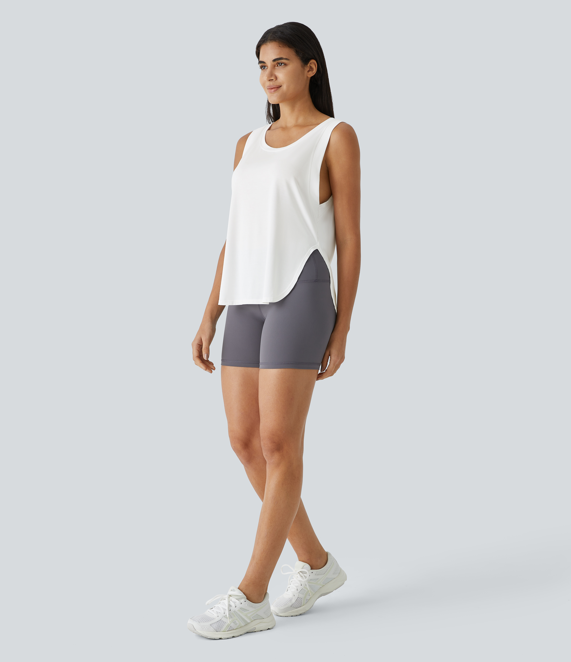 Halara Round Neck Split Hem Casual Tank Top Tank Top - White - XS golf tops halter top tunic tops sleeveless tops backless top 