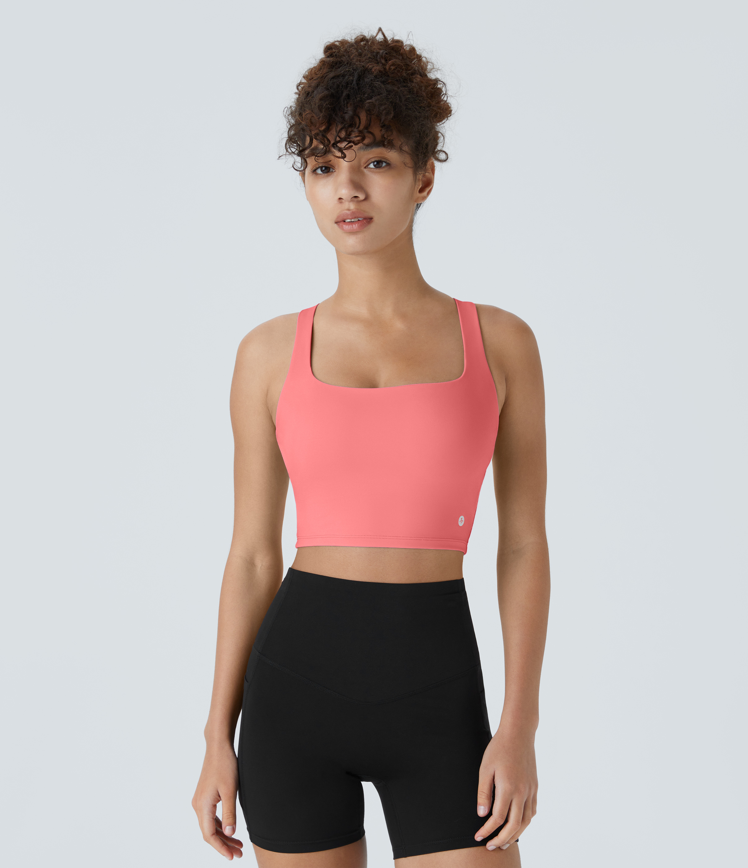Halara Cloudfulв„ў Air Fabric Square Neck Backless Crisscross Cropped Cool Touch Yoga Tank Top Tank Top - Shell Pink - XS golf tops halter top 
