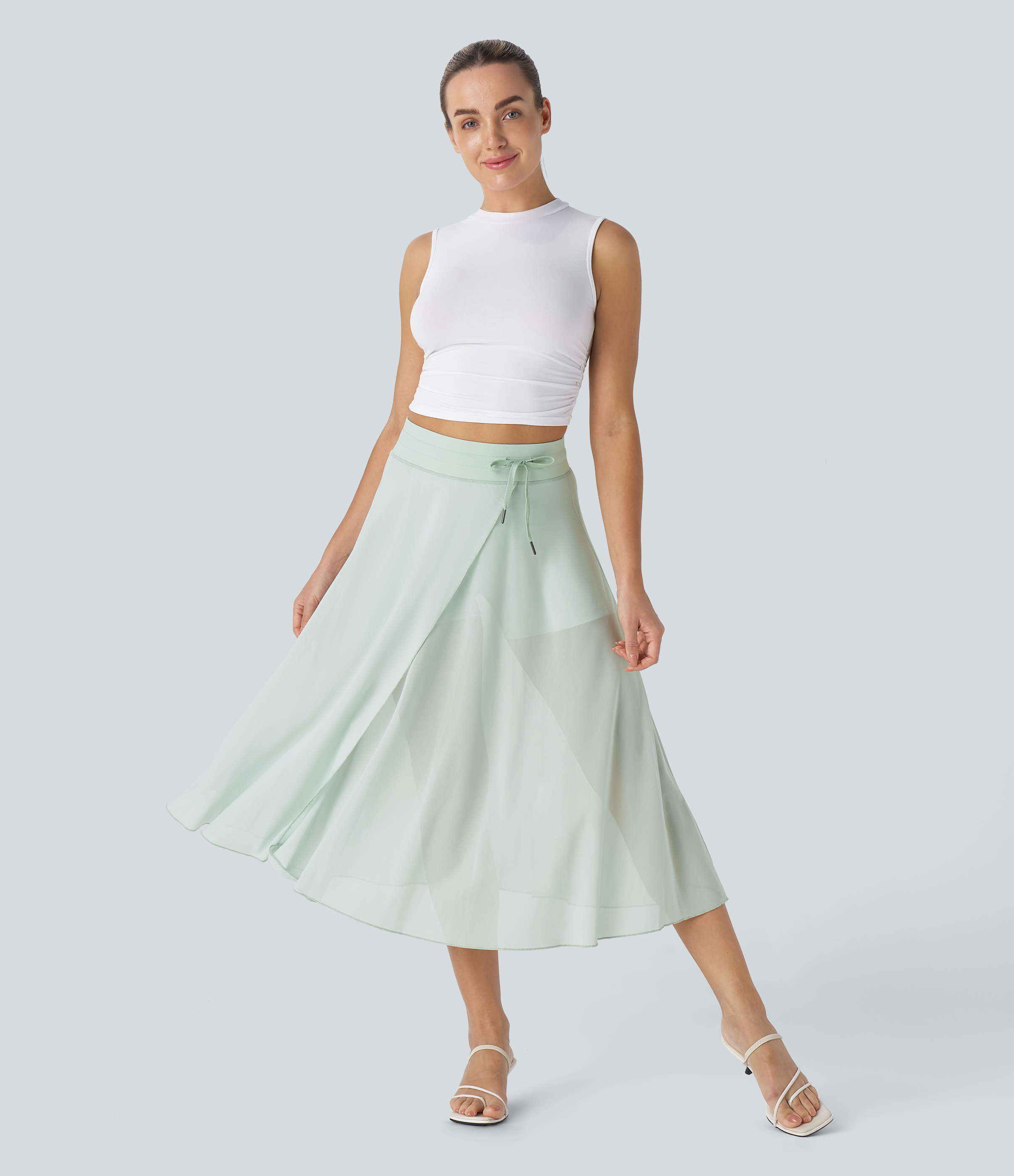 Halara High Waisted Drawstring Contrast Mesh 2-in-1 Side Pocket Flowy Midi Flare Casual Skirt  - Sprout Green - XL midi skirt a line skirt 