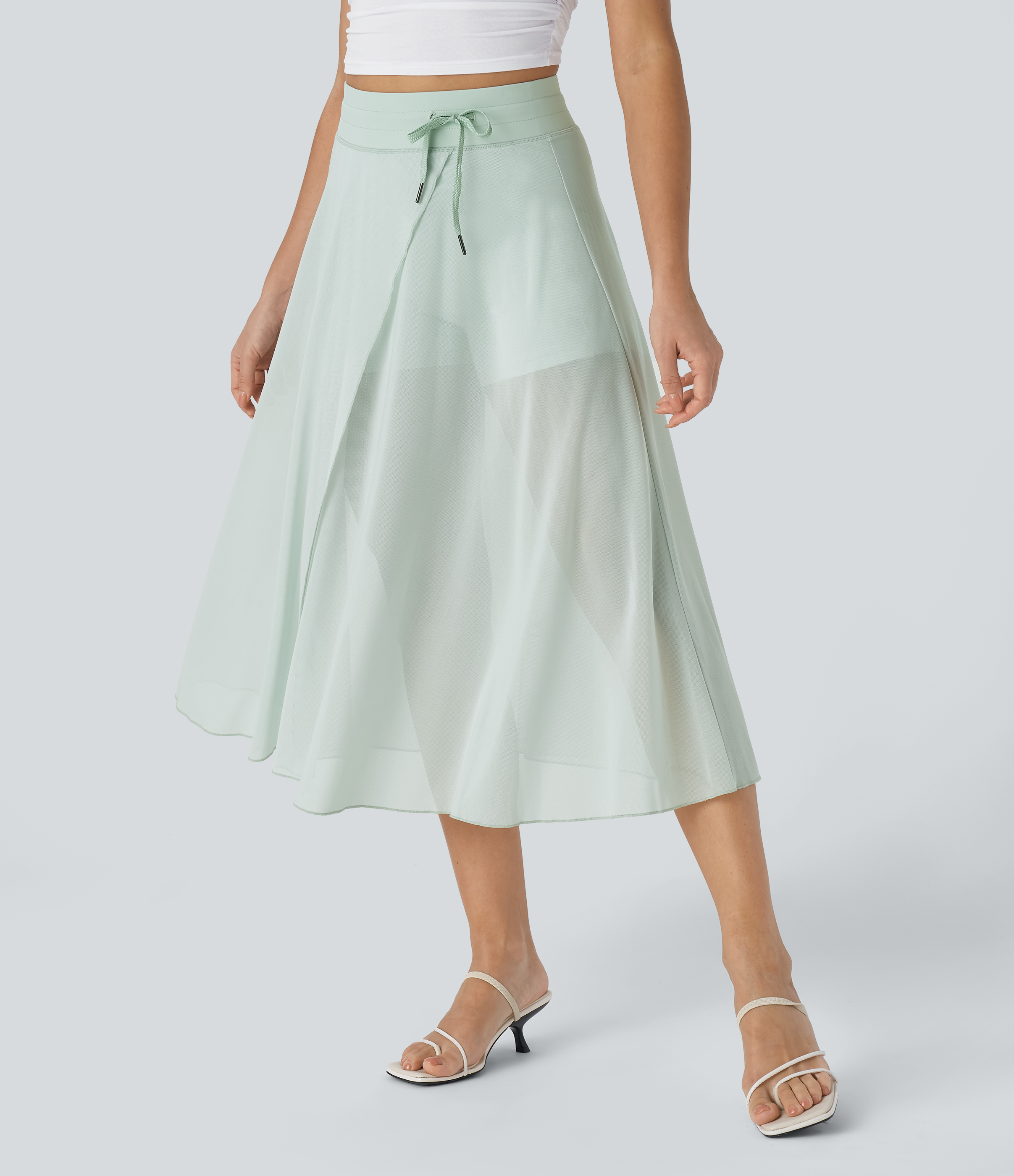 Halara High Waisted Drawstring Contrast Mesh 2-in-1 Side Pocket Flowy Midi Flare Casual Skirt  - Sprout Green - XL midi skirt a line skirt 