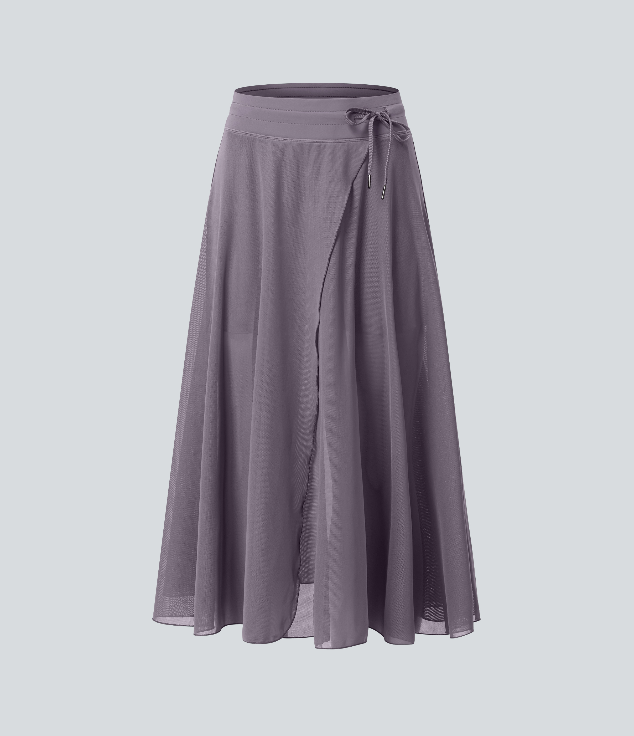 Halara High Waisted Drawstring Contrast Mesh 2-in-1 Side Pocket Flowy Midi Flare Casual Skirt  - Stardust Mauve - XL midi skirt a line skirt 