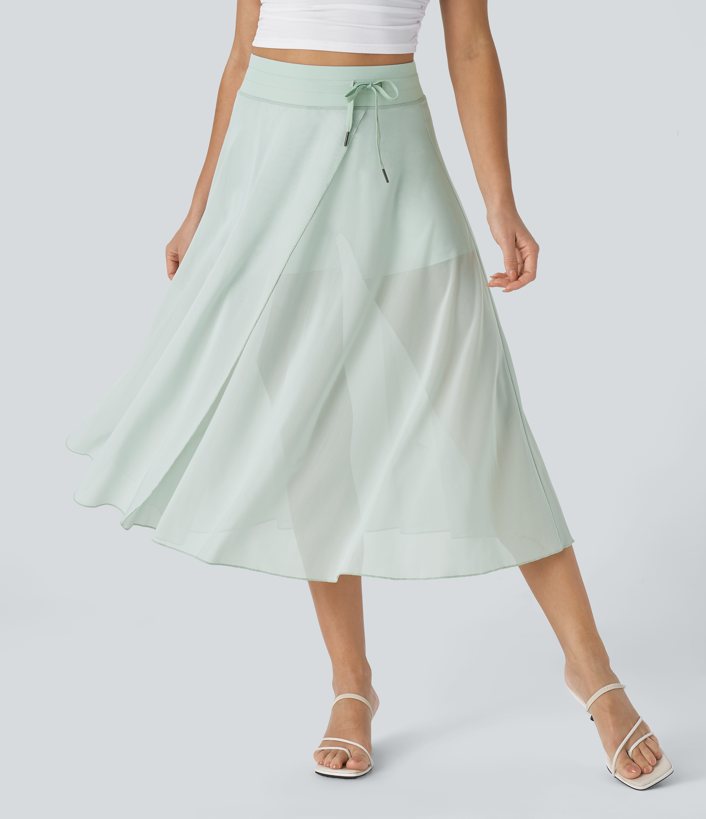 Halara High Waisted Drawstring Contrast Mesh 2-in-1 Side Pocket Flowy Midi Flare Casual Skirt  - Sprout Green - XL midi skirt a line skirt 