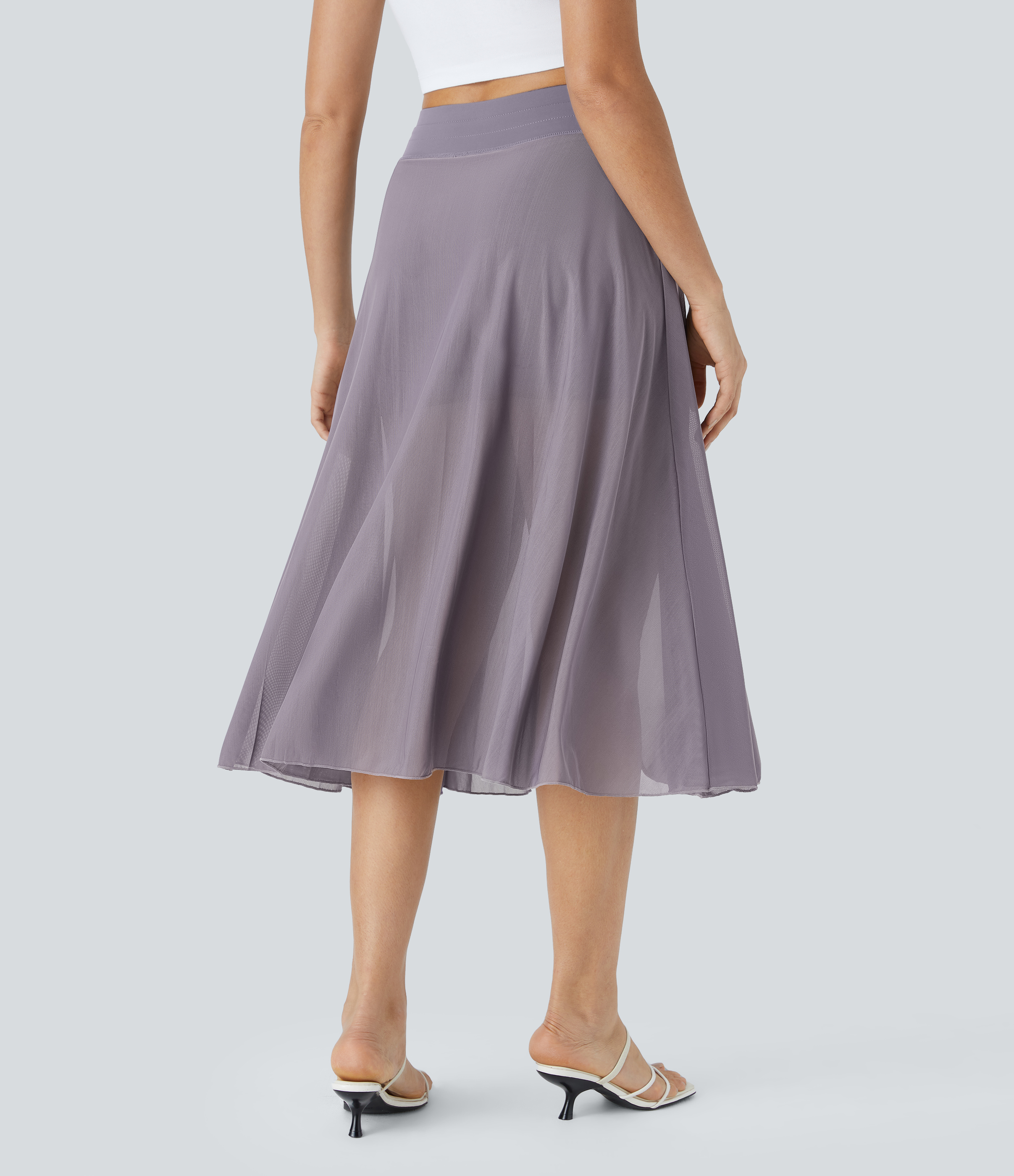 Halara High Waisted Drawstring Contrast Mesh 2-in-1 Side Pocket Flowy Midi Flare Casual Skirt  - Stardust Mauve - XL midi skirt a line skirt 