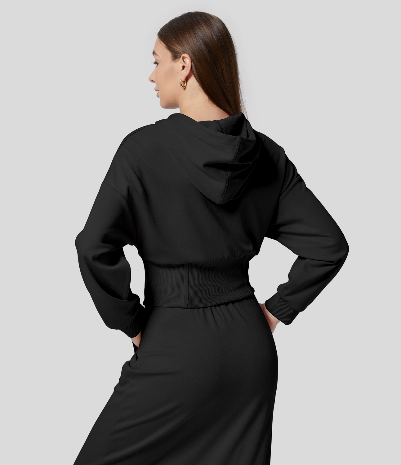 Halara Ribbed Hooded Drawstring Dropped Shoulder Corset Casual Sweatshirt  - Black - XL 