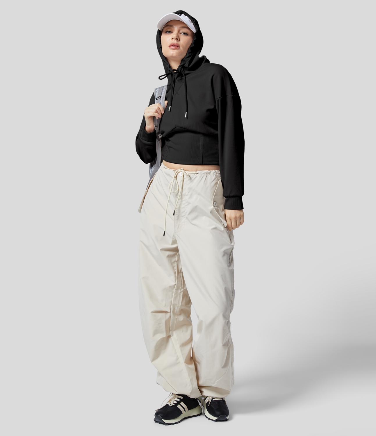 Halara Ribbed Hooded Drawstring Dropped Shoulder Corset Casual Sweatshirt  - Black - XL 