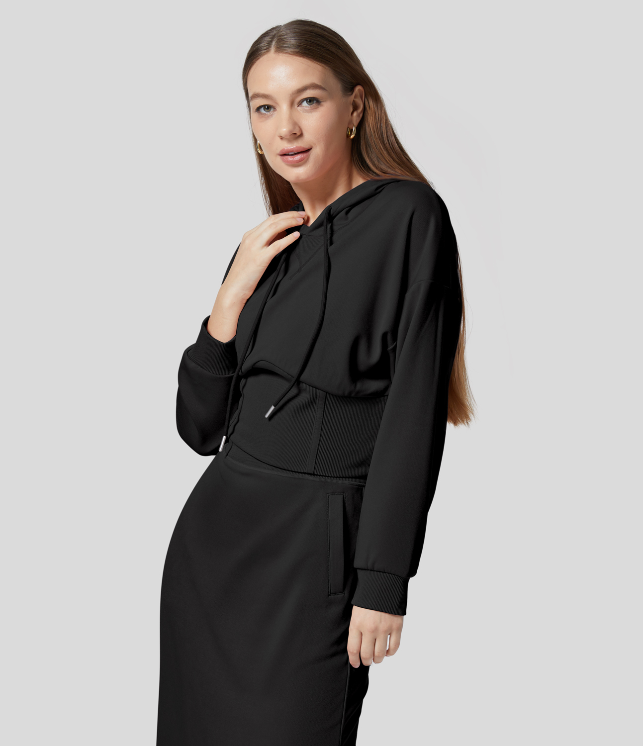 Halara Ribbed Hooded Drawstring Dropped Shoulder Corset Casual Sweatshirt  - Black - XL 
