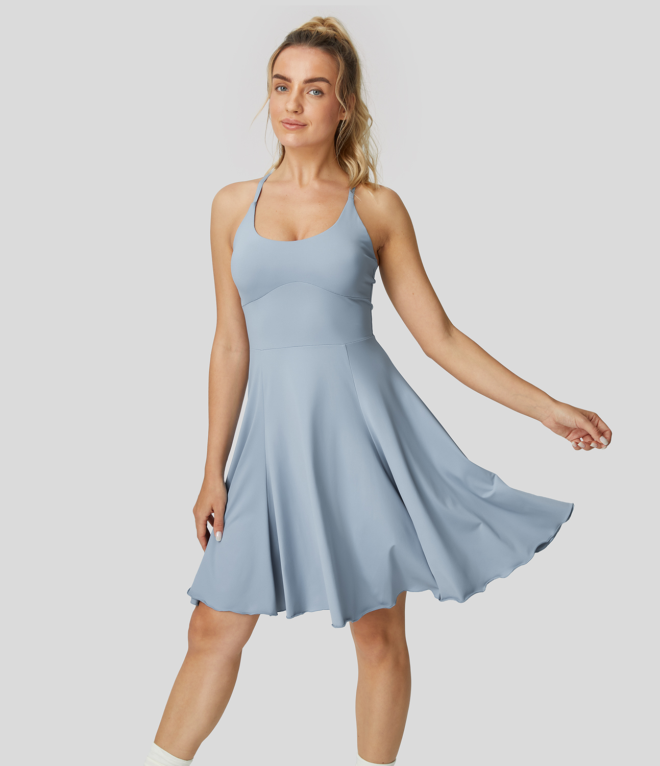 Halara Backless Adjustable & Removable Strap Cool Touch Slip Dance Active Dress Workout Dress - Blue Fog - S 