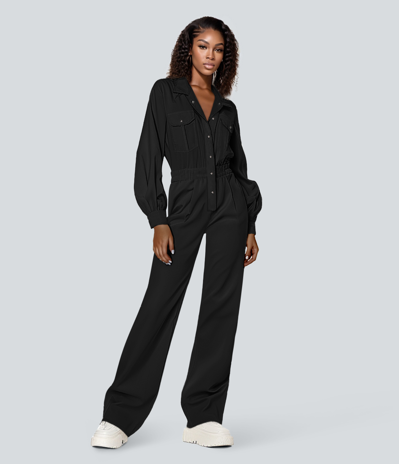 

Halara Lapel Neck Long Sleeve Button Flap Pocket Elastic Waistband Casual Cargo Jumpsuit - Black