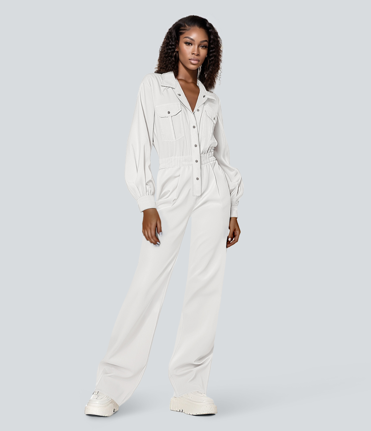 

Halara Lapel Neck Long Sleeve Button Flap Pocket Elastic Waistband Casual Cargo Jumpsuit - Teak White