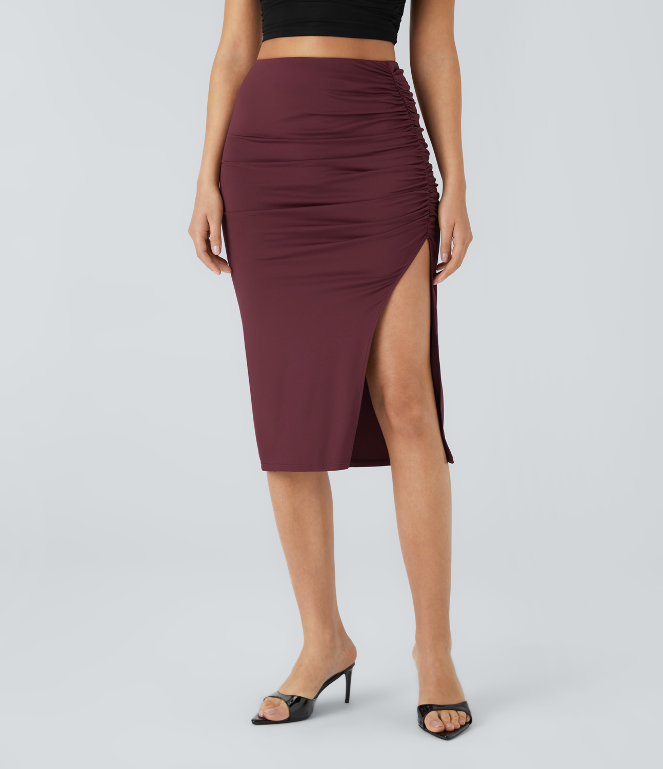 Halara High Waisted Ruched Split Midi Party Skirt  - Tawny Port - L(regular) 