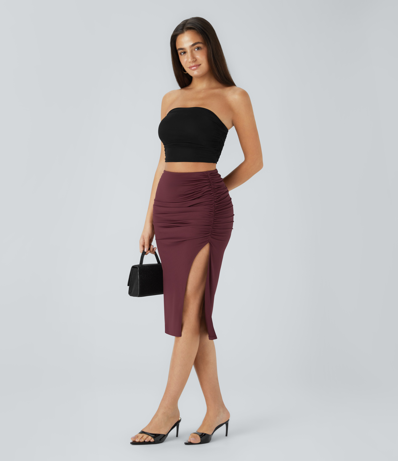 Halara High Waisted Ruched Split Midi Party Skirt  - Tawny Port - L(regular) 