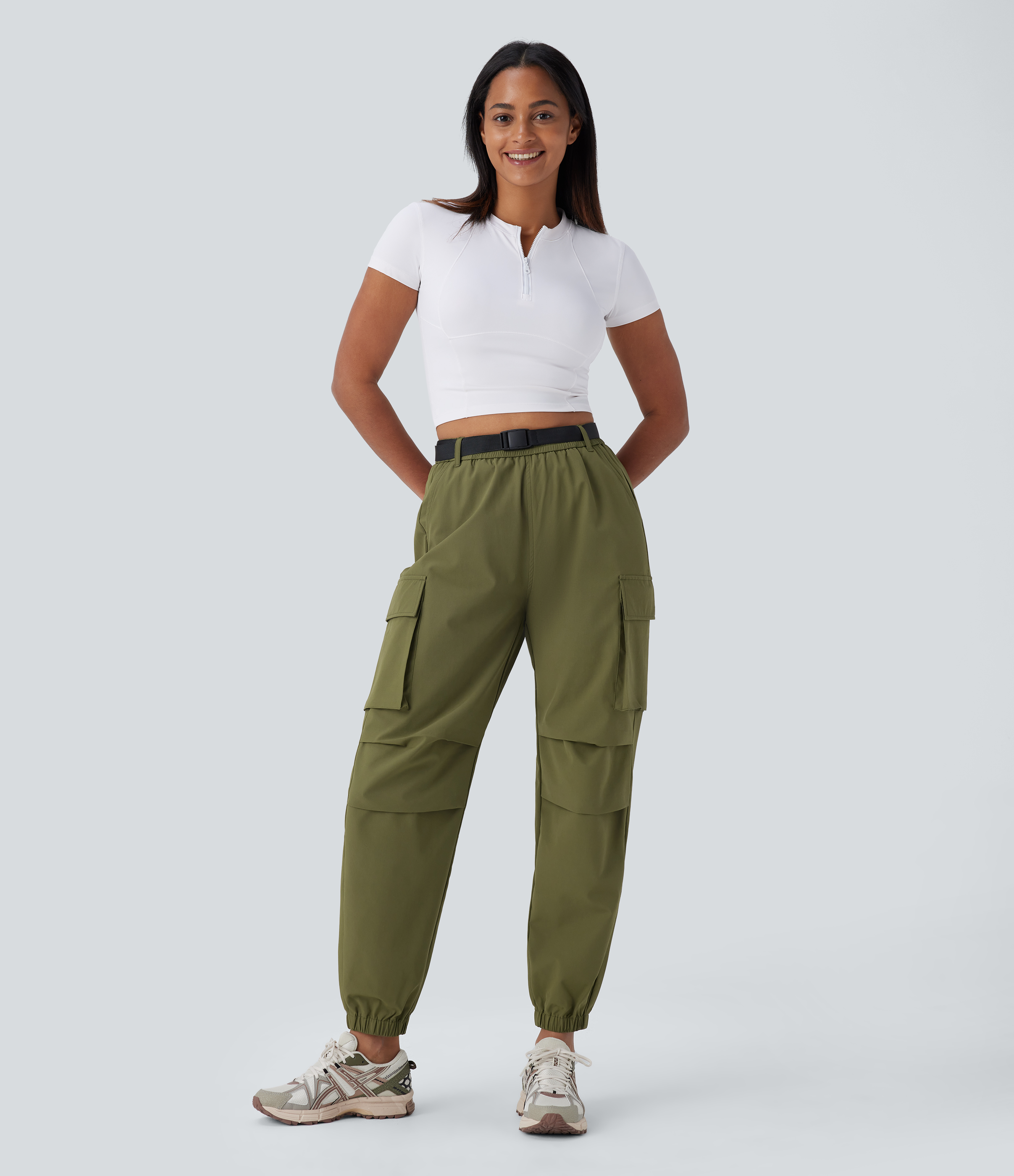 Halara Water Repellent High Waisted Belted Multiple Pockets Hiking Cargo Joggers  - Army Green - S(regular) 