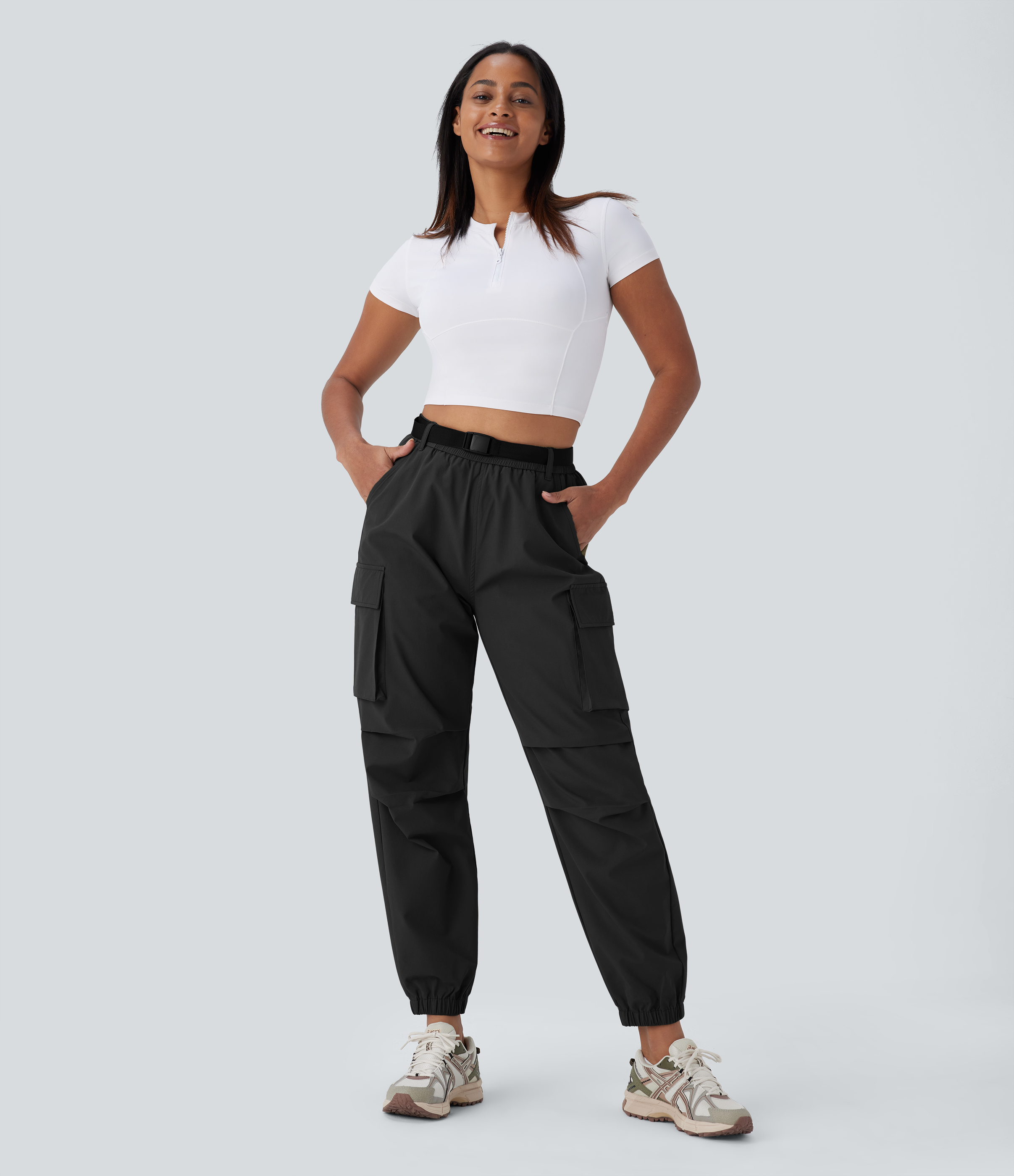 Halara Water Repellent High Waisted Belted Multiple Pockets Hiking Cargo Joggers  - Black - S(regular) 