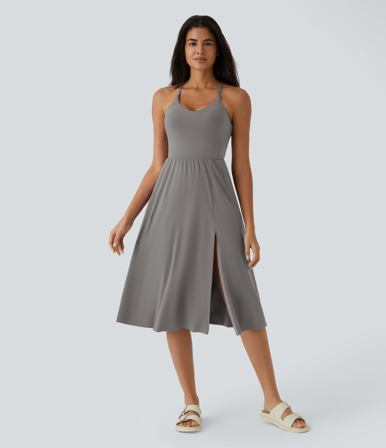 Halara Everyday Midi Chill Dress-La Land Casual Dress - Steeple Gray - XL slip dress beach dress ruched dress halter dress exercise dress 